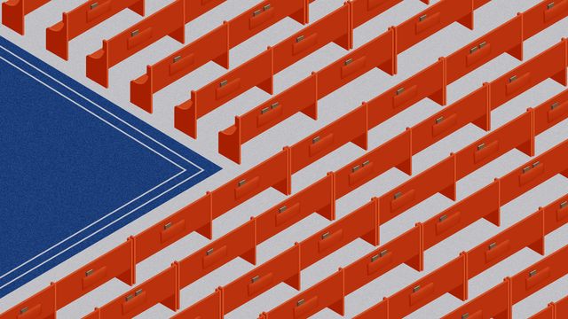 Illustration of a series of empty church pews in red, set against a white and blue carpet, making up a flag.
