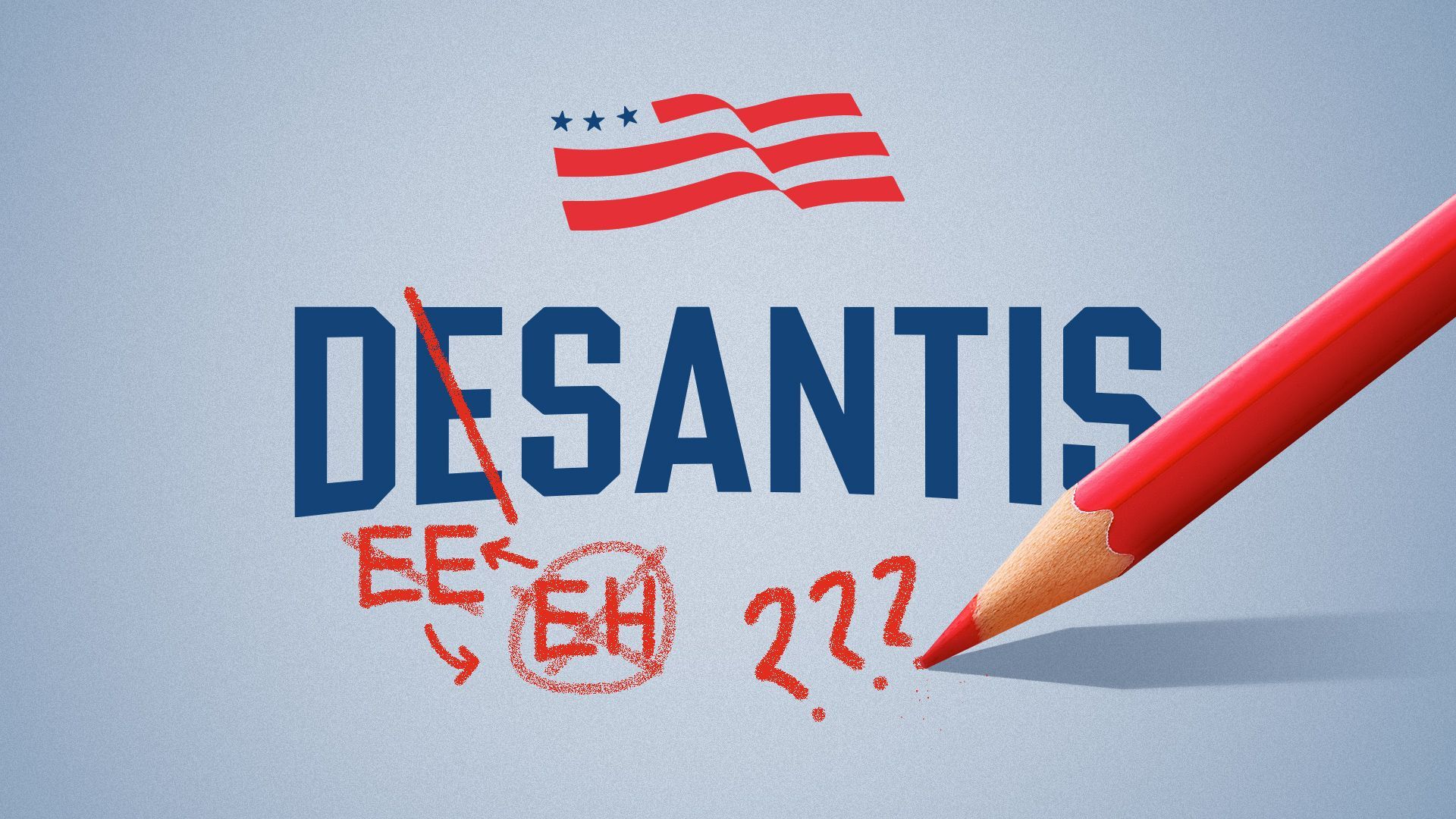 Illustration of the DeSantis campaign logo with proofreader pronunciation notes scribbled out and question marks being written by a red pencil. 