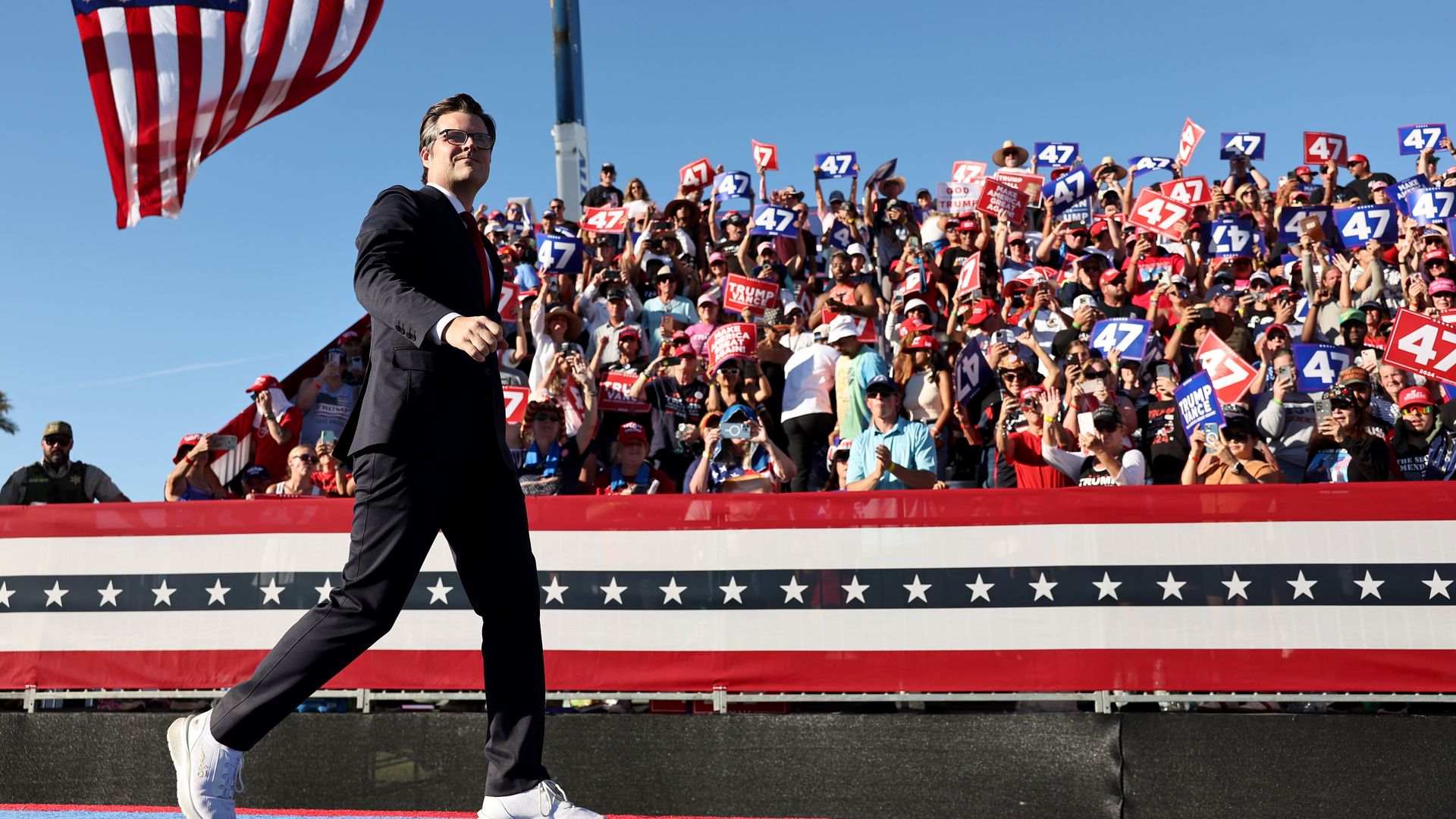 .S. Rep. Matt Gaetz (R-FL) walks onstage at a campaign rally for Republican presidential nominee, former U.S. President Donald Trump on October 12, 2024 in Coachella, California