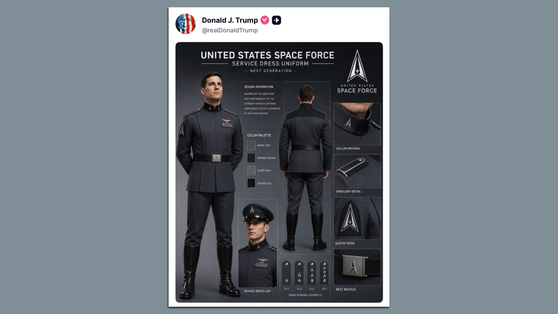 Infographic poster showing the United States Space Force service dress uniform: a man in a dark gray uniform with belt, viewed from front and back, plus insignia, collar patches, and belt buckle.
