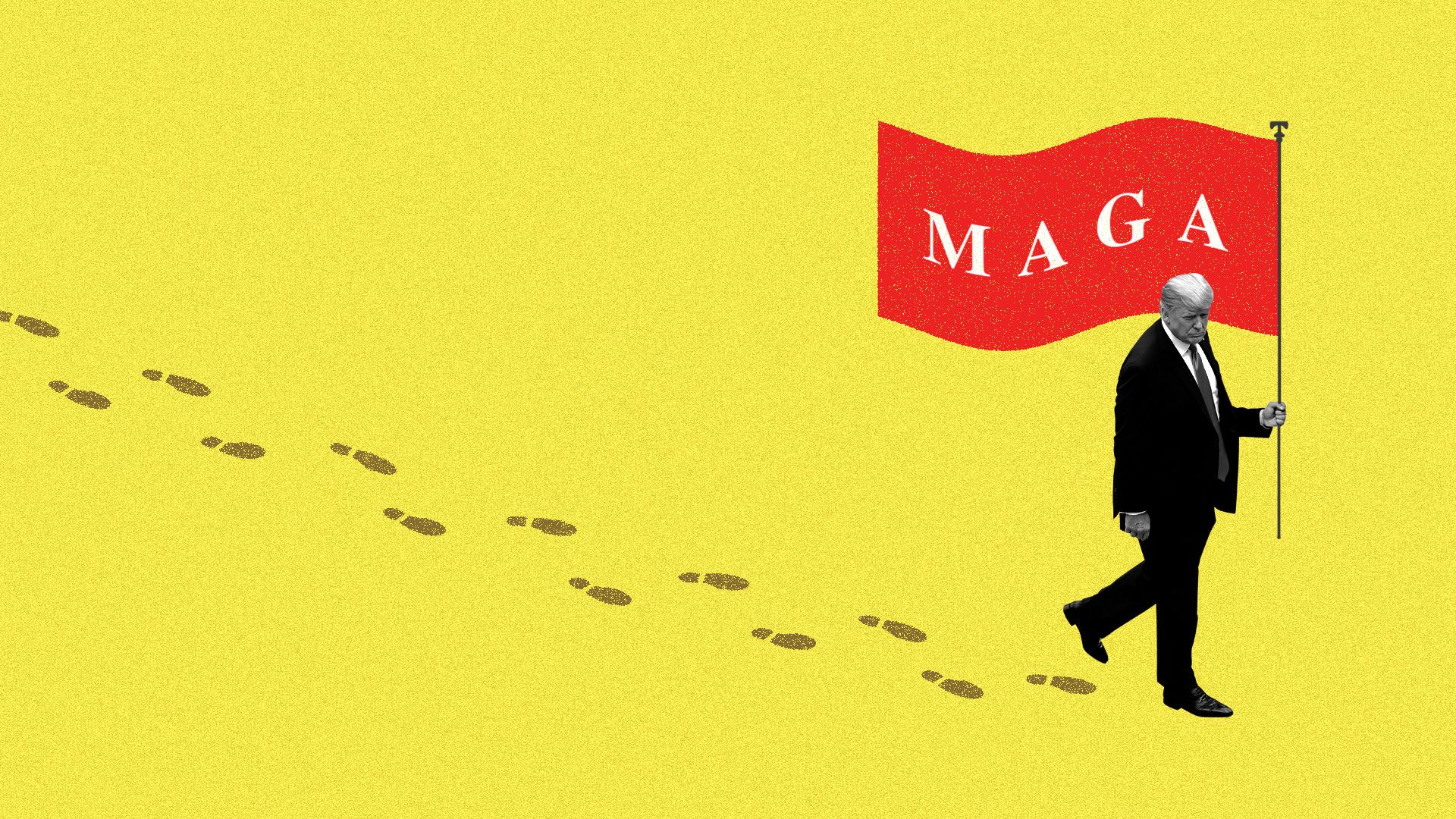 Trump marching alone on a beach carrying a MAGA flag