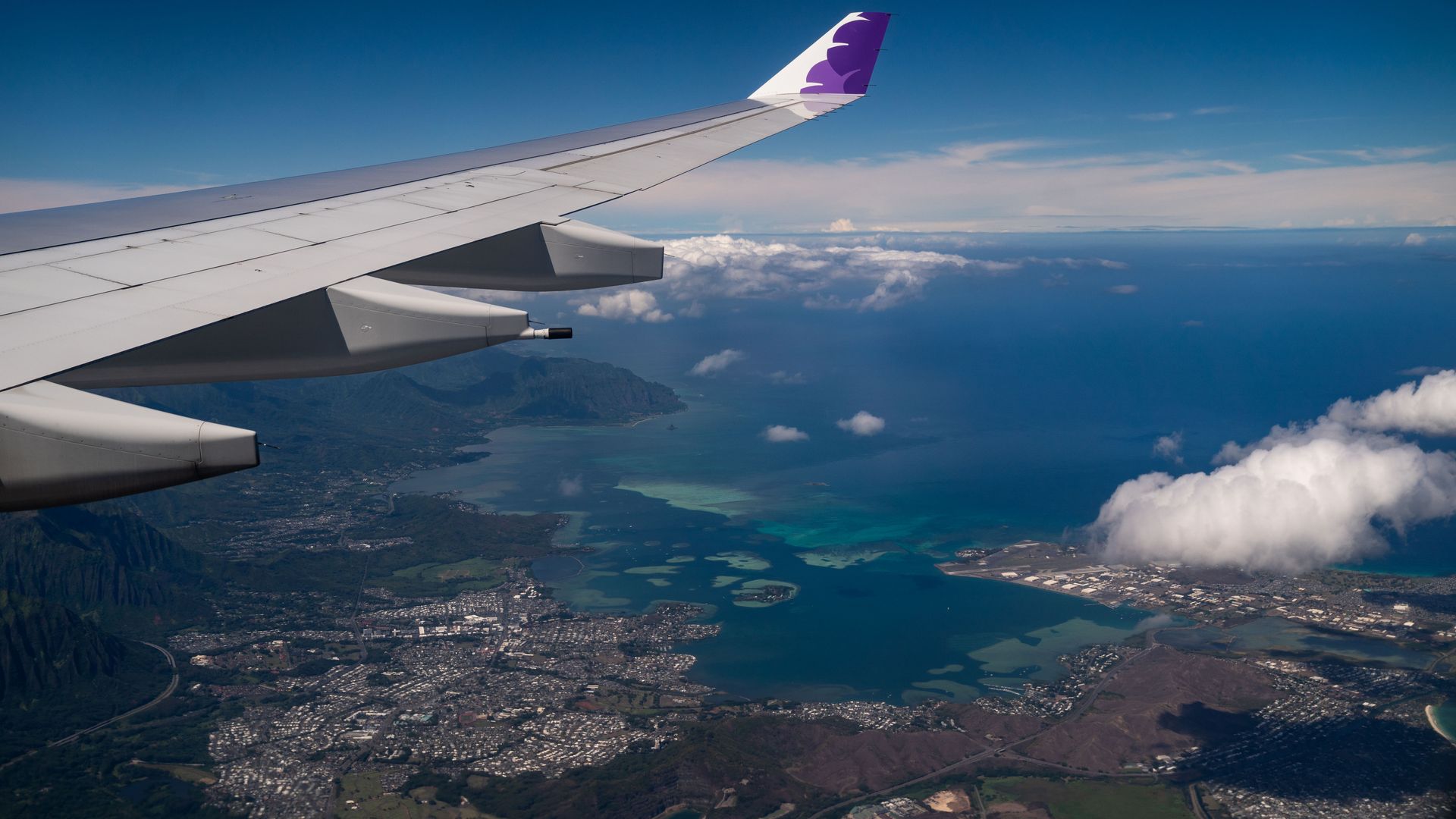 The view of the windward side of Oahu, from aboard a Hawaiian Airlines flight from Los Angeles International Airport to Honolulu International Airport on Thursday, Oct. 15, 2020 above Honolulu, HI. 