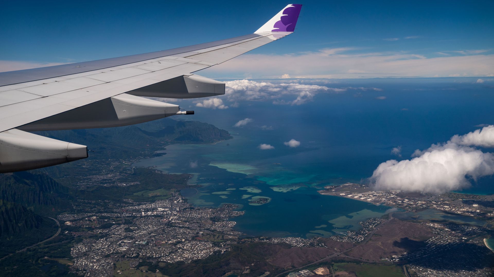 The view of the windward side of Oahu, from aboard a Hawaiian Airlines flight from Los Angeles International Airport to Honolulu International Airport on Thursday, Oct. 15, 2020 above Honolulu, HI.