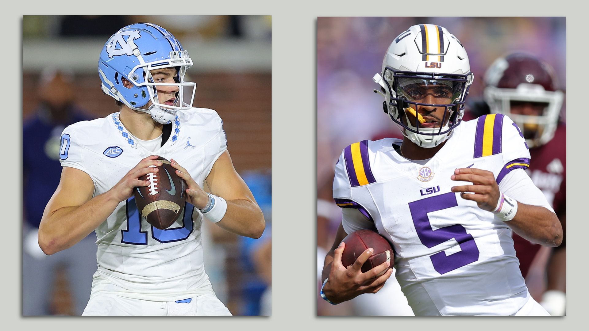 A compilation of UNC quarterback Drake Maye and LSU quarterback Jayden Daniels in uniform during game action.