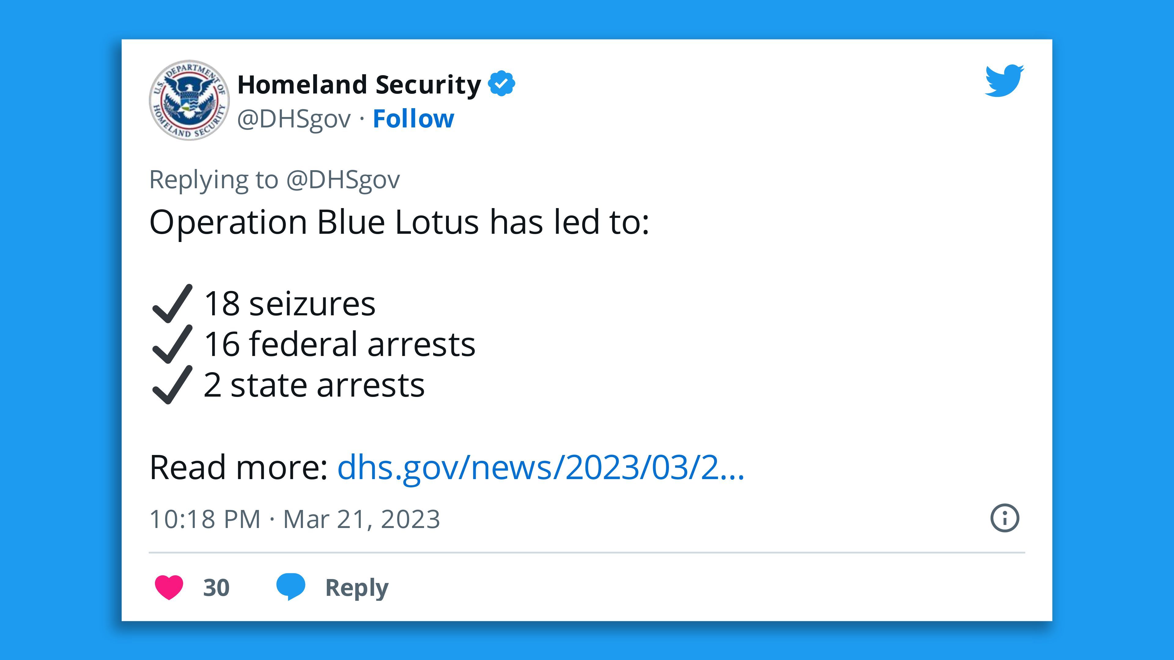 A screenshot of a DHS tweet announcing a new fentanyl  trafficking crackdown, Operation Blue Lotus, 