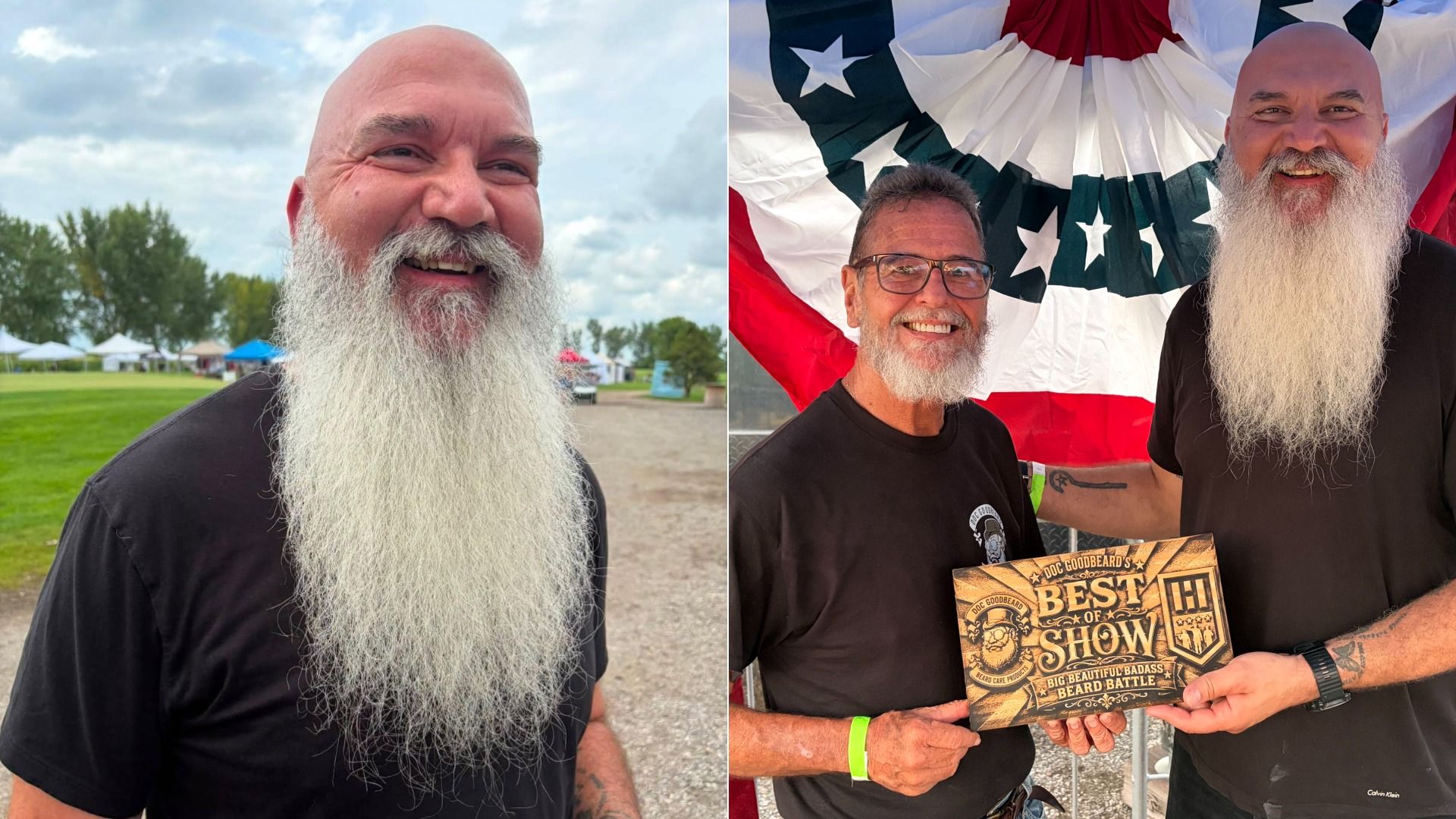 Two-panel image: left, a bald man with a long white beard smiles outdoors in a black shirt; right, two bearded men under patriotic bunting, one holding a plaque reading "Best Show".
