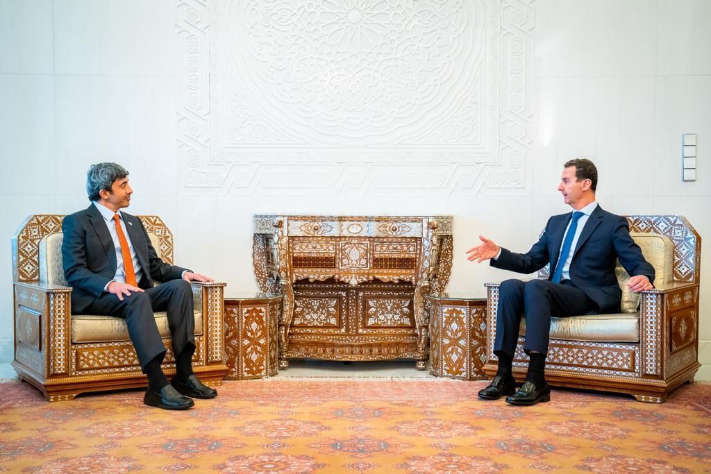 Assad (R) with UAE Foreign Minister Abdullah bin Zayed. Photo: UAE Ministry of Foreign Affairs via Getty