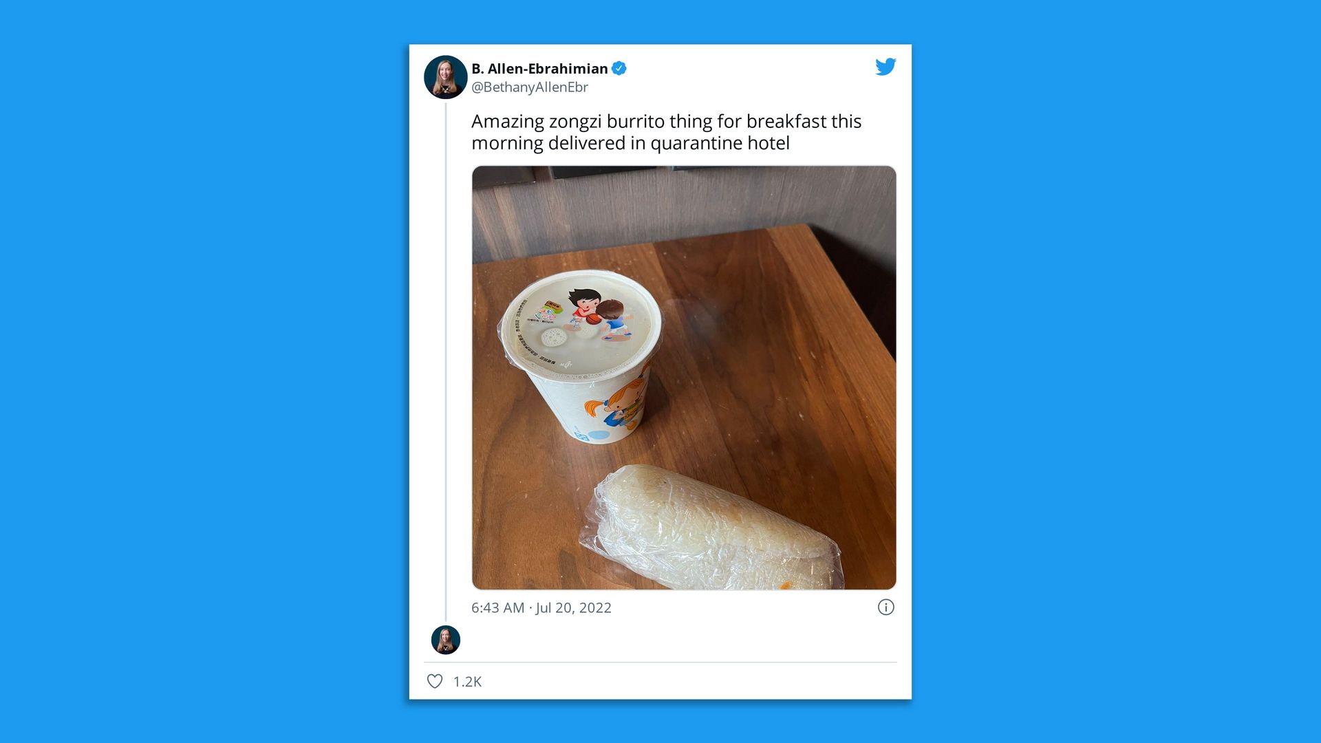 Screenshot of a tweet by Bethany Allen-Ebrahimian showing a Taiwanese breakfast item called a "fantuan"