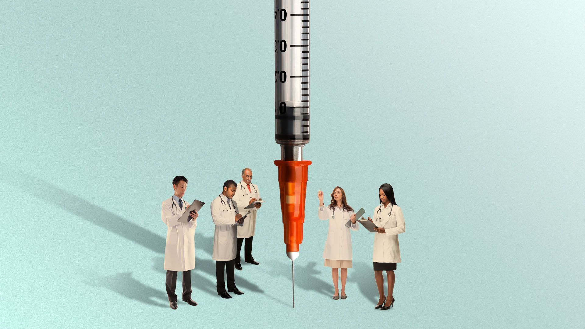 Illustration of a group of doctors examining a giant syringe 