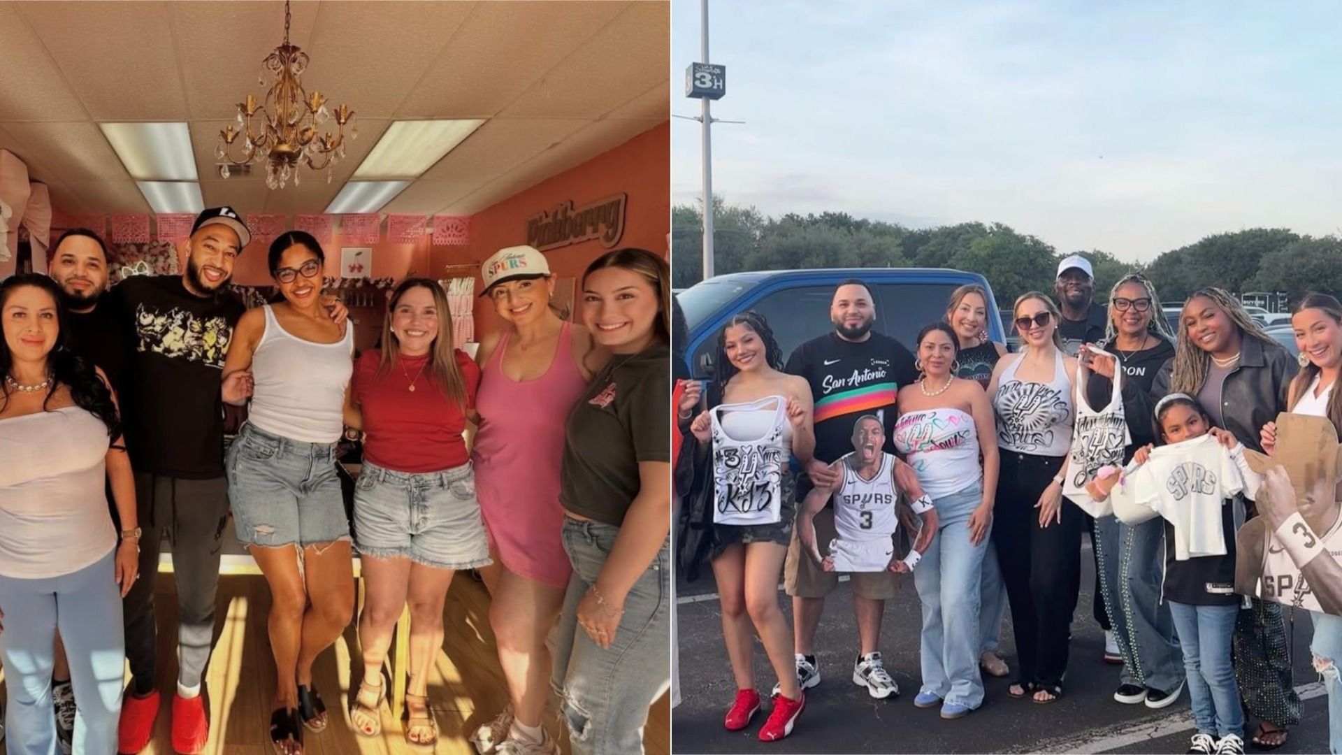 Two-photo collage: left shows a group indoors in a pink room with a chandelier, smiling; right shows a larger group outdoors by a blue truck, many wearing Spurs shirts, posing.