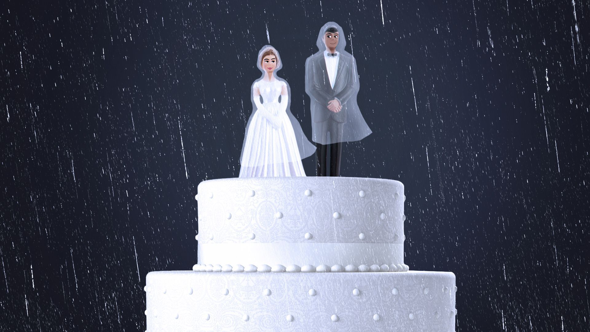 Illustration of a close up of a wedding cake in the rain, with the topper figurines wearing rain ponchos and smiling at each other. 