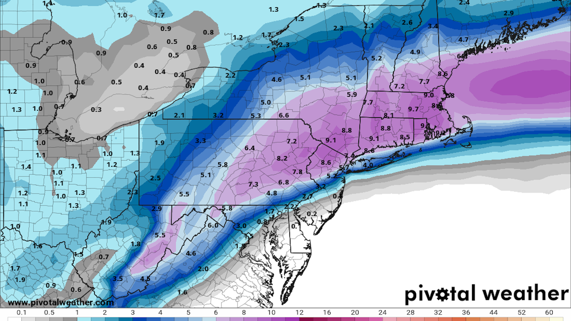 Forecast snowfall from the 2023-24 season's first major winter storm in the Northeast.