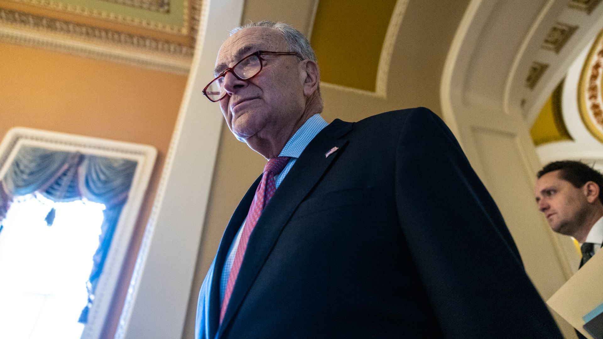 Senate Majority Leader Chuck Schumer (D-NY) arrives for weekly Democratic Party luncheons at the US Capitol on July 9, 2024 in Washington, DC.