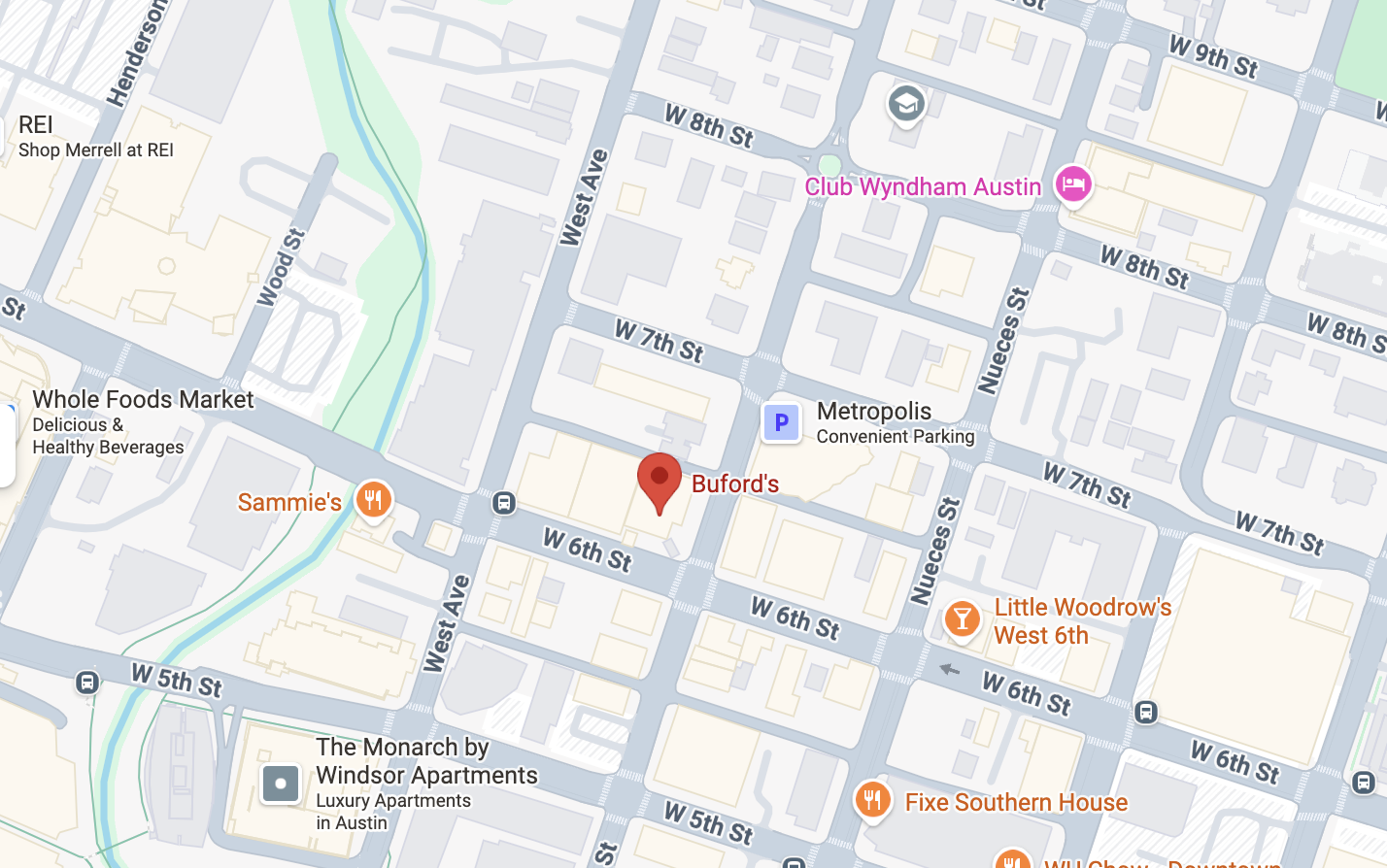 Map segment of downtown Austin showing streets W 5th to W 9th and West Ave to Nueces St with markers for Buford's, Whole Foods Market, Sammie's, Club Wyndham Austin, Metropolis parking, and several restaurants.