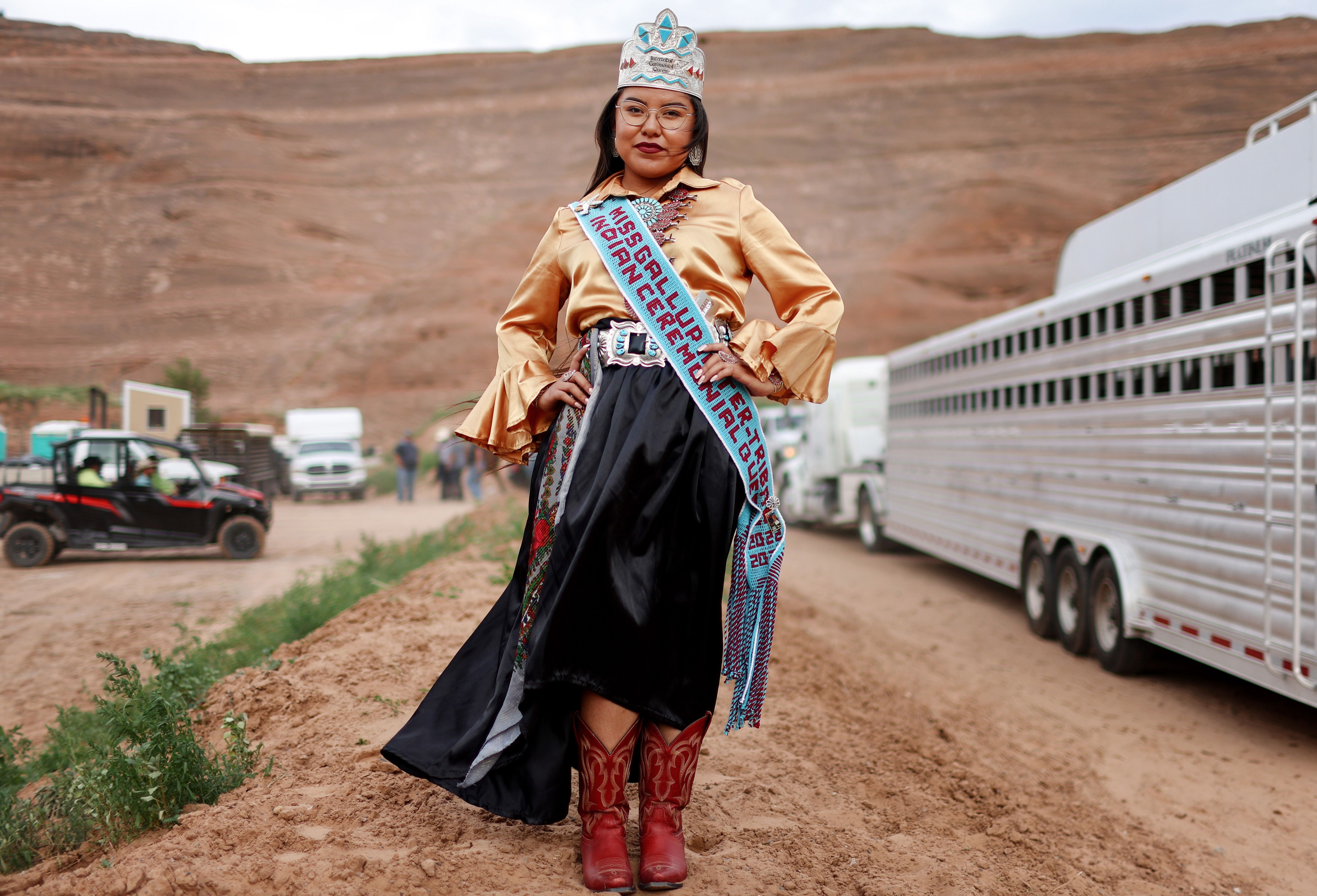2022 Miss Gallup Inter-Tribal Indian Ceremonial Queen Cajun Cleveland, who is Diné (Navajo), stands for a photo after the ceremonial rodeo near Gallup, New Mexico. 