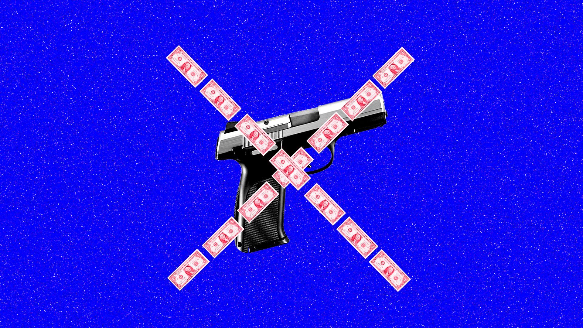 Illustration of  money ins the shape of an X over a gun