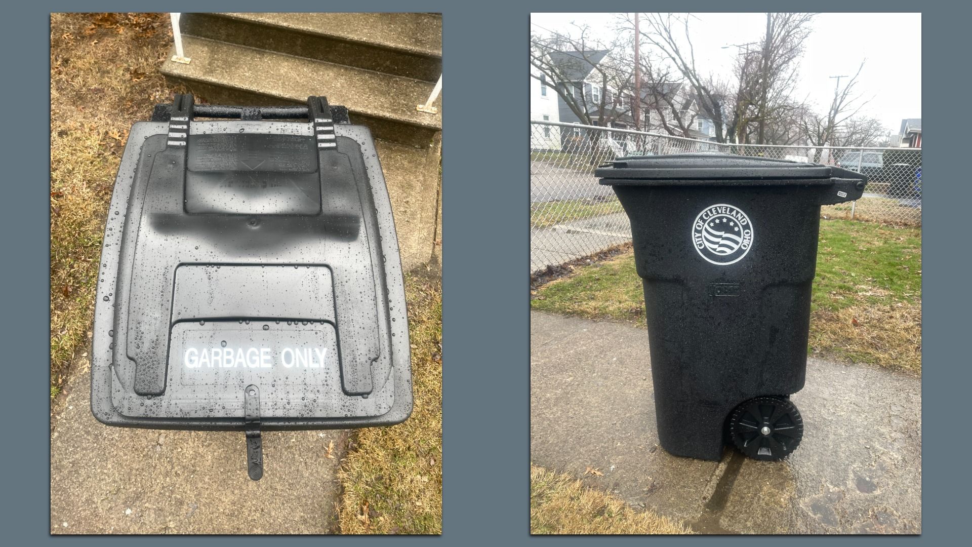 Black wheeled garbage bin outdoors on wet concrete and grass, labeled "GARBAGE ONLY" on lid and stamped with "City of Cleveland Ohio" logo on side, on a cloudy day.