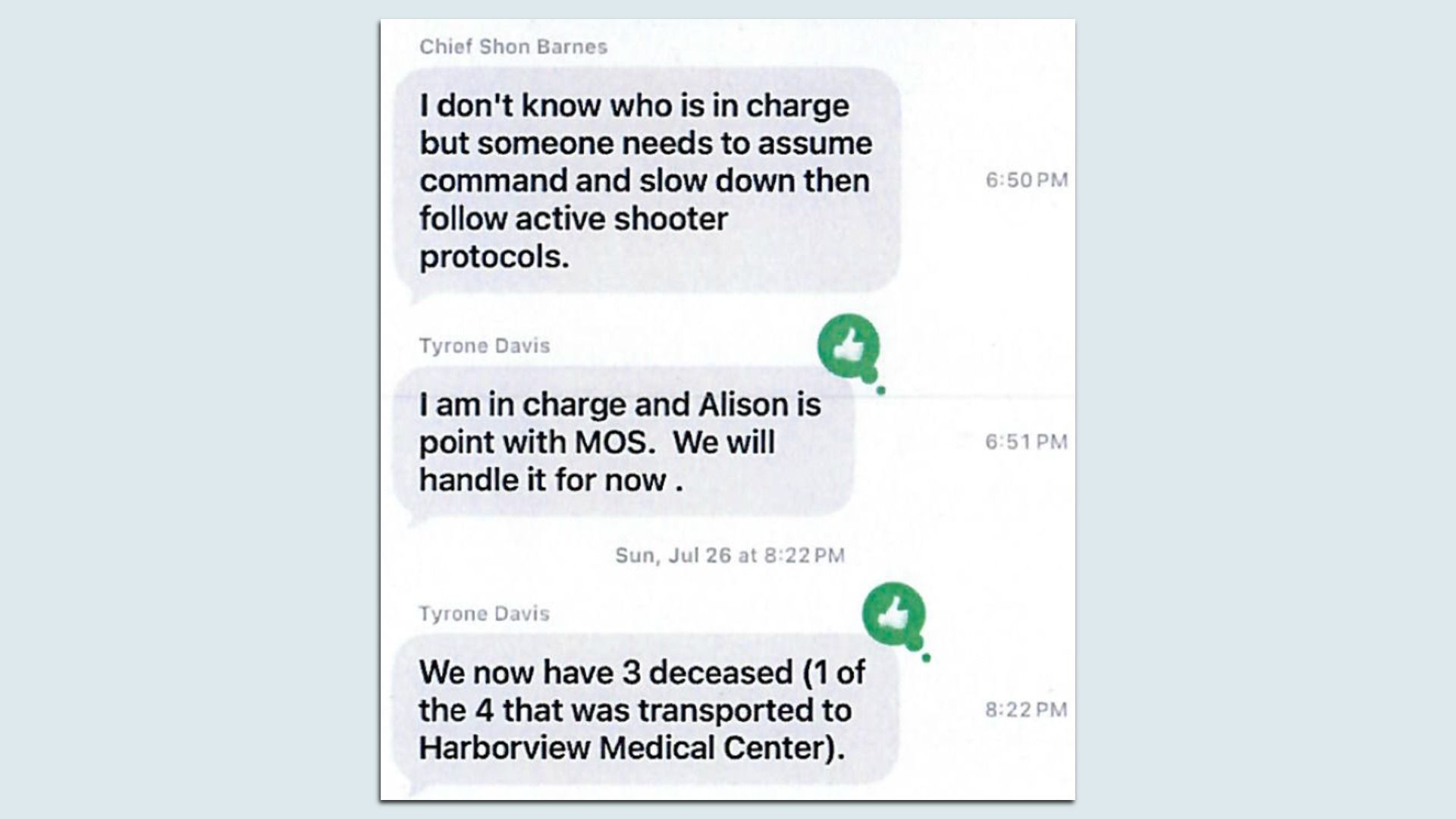 Text message screenshot about who is in charge during a shooter incident. Barnes says to assume command and slow down; Davis replies, "I am in charge and we will handle it for now."