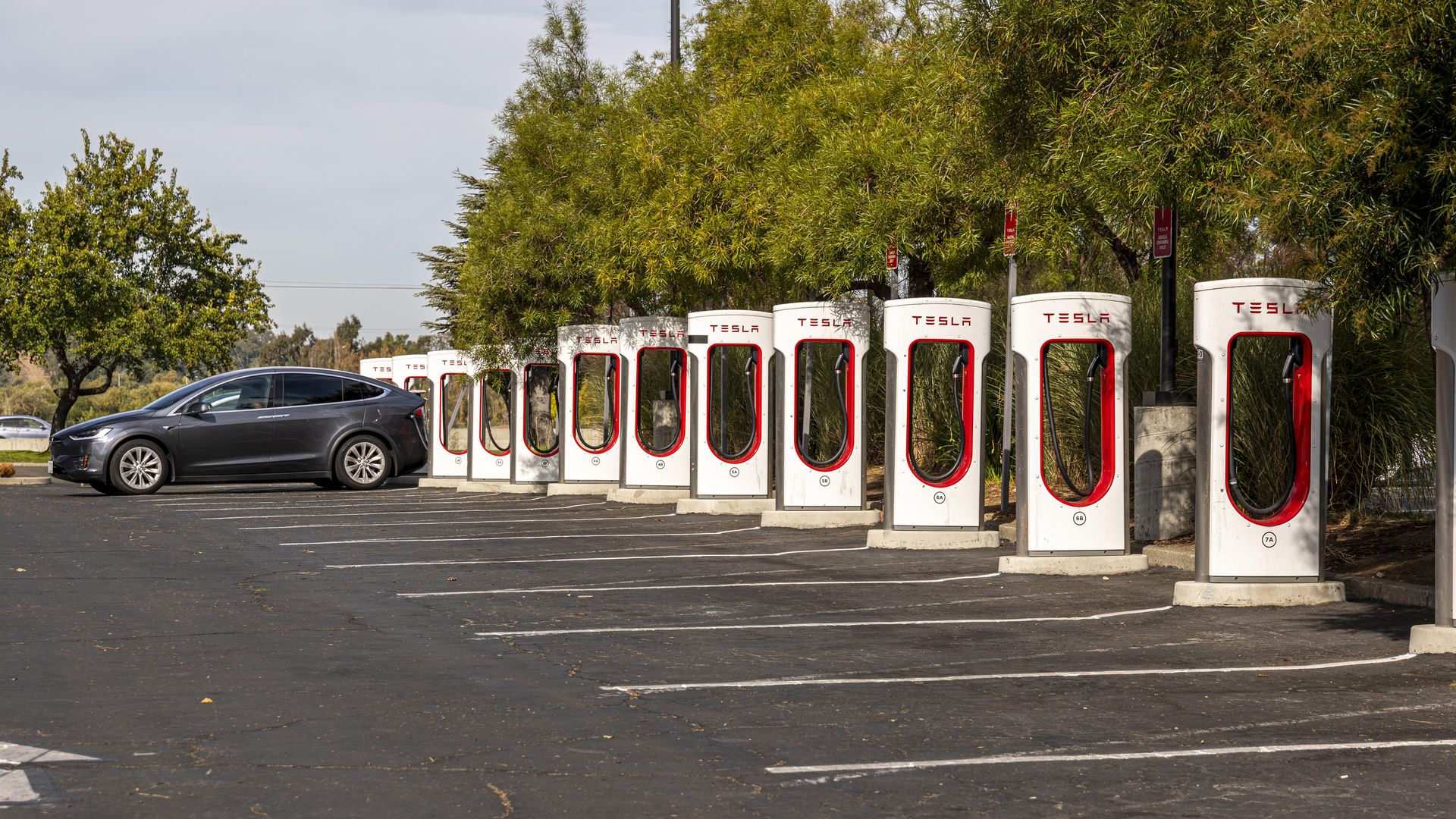 A vehicle at a Tesla Supercharger station in Vallejo, California, U.S., on Tuesday, Oct. 19, 2021.
