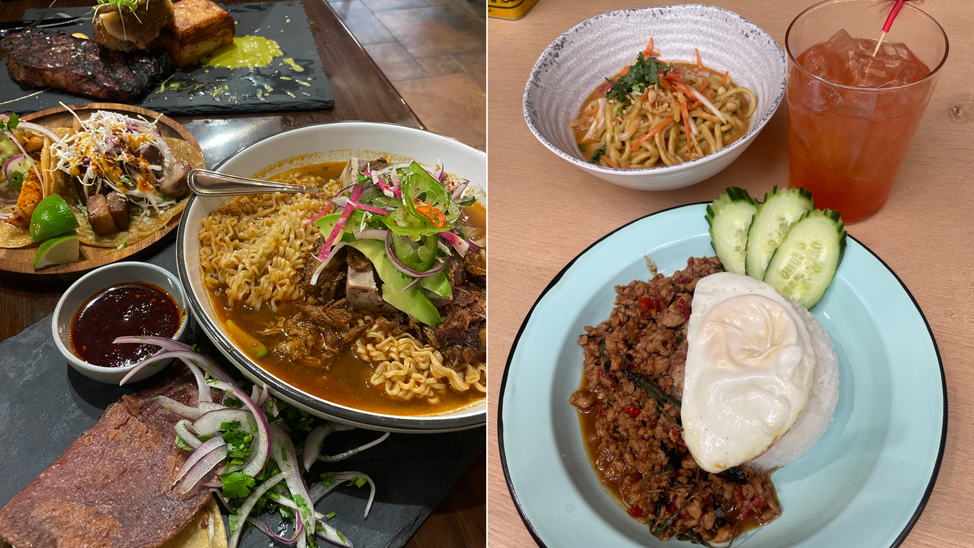 A bowl of birria ramen on the left, and Laotian dishes with rice and eggs on the right
