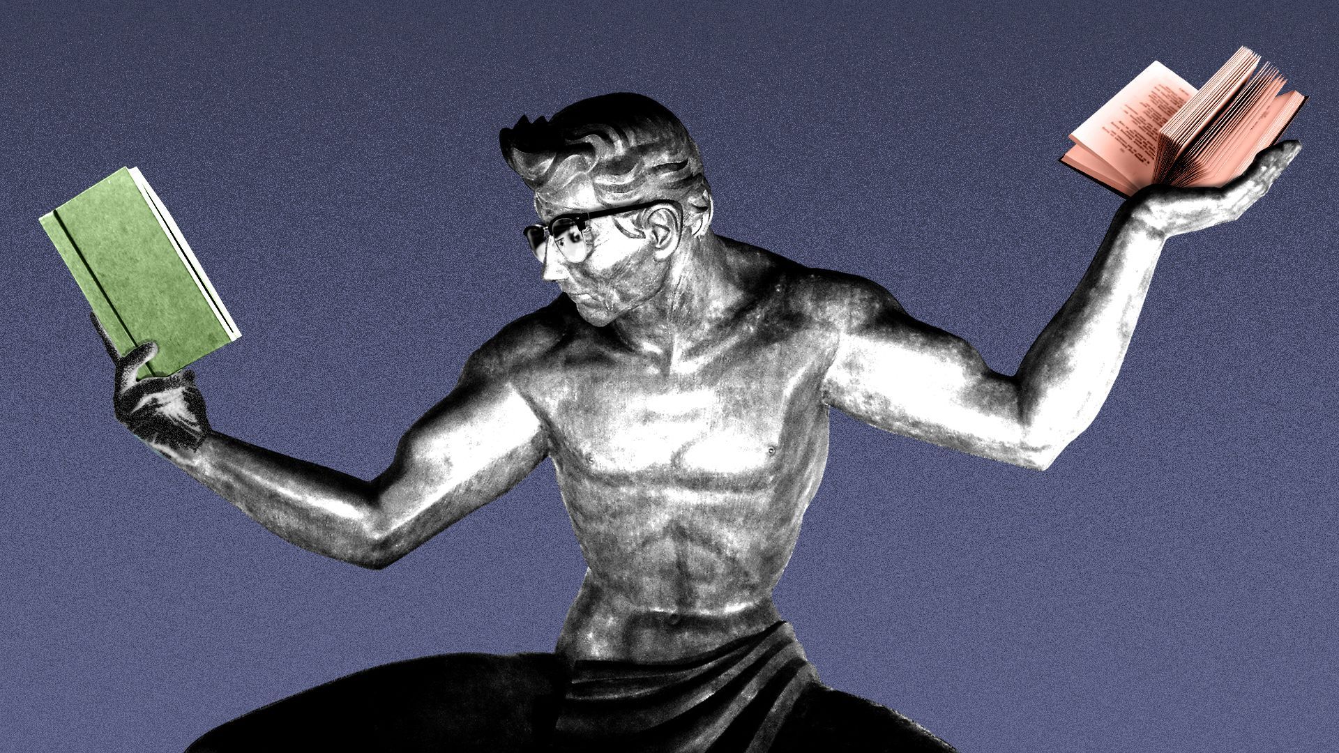 Illustration of the Spirit of Detroit statue wearing glasses and holding two books.