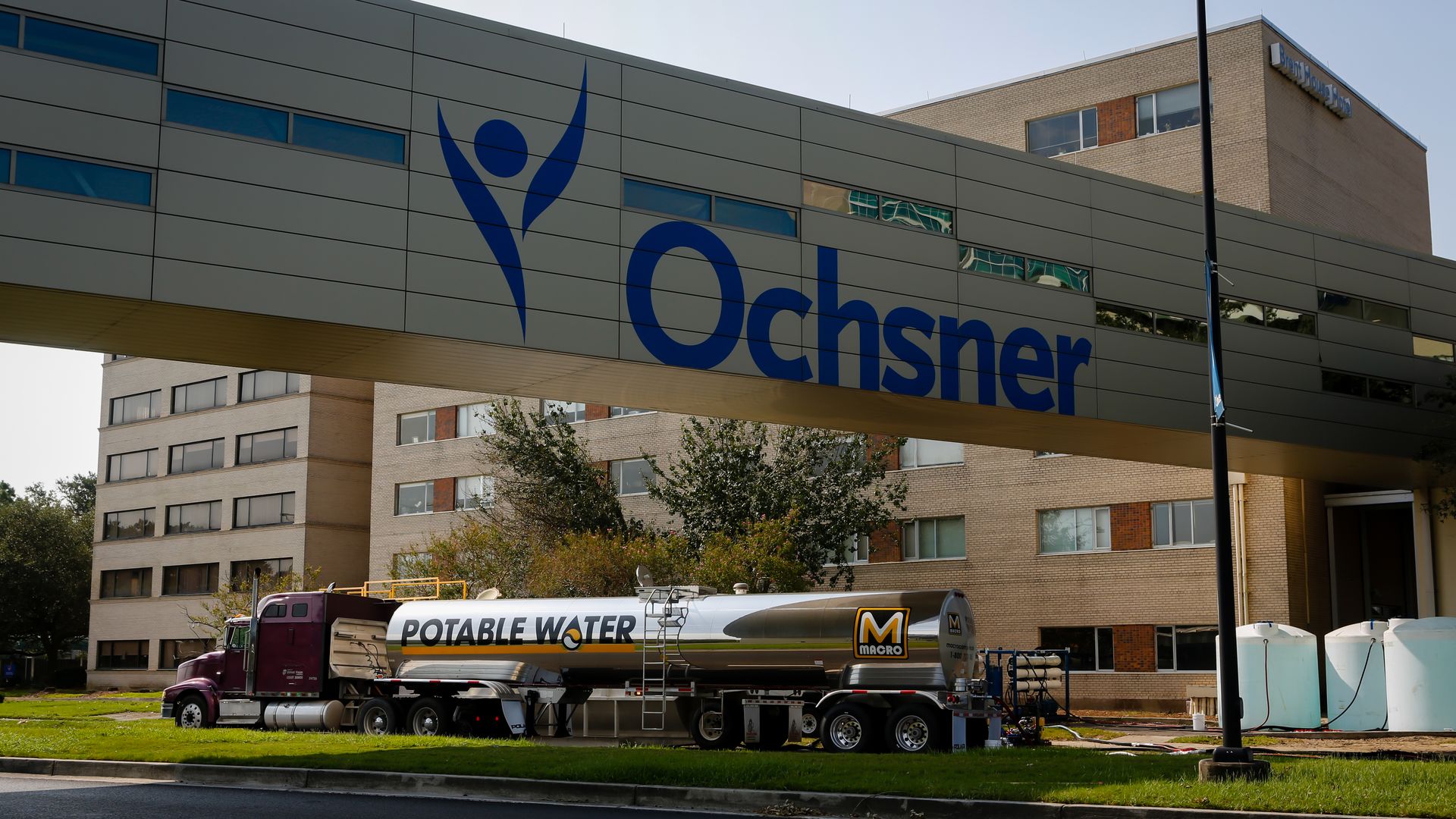 A potable water tanker in front of Ochsner Health Center after Hurricane Ida in New Orleans, Louisiana, U.S., on Thursday, Sept. 2, 2021.
