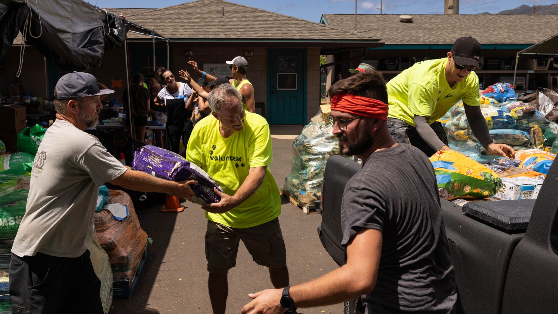 Volunteers sorting out donated goods in Puunene, Hawaii, on Aug. 14.