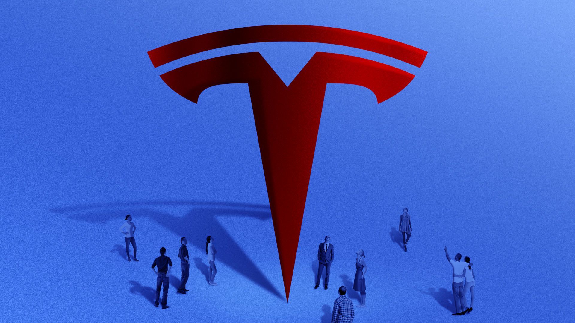 Illustration of people surrounding and looking up at a giant Tesla logo 