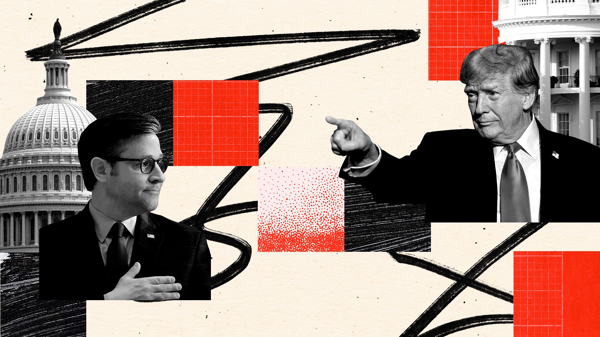 Photo illustration of Donald Trump and Mike Johnson surrounded by cut out images of the White House and the Capitol dome with abstract shapes and lines connecting them. 