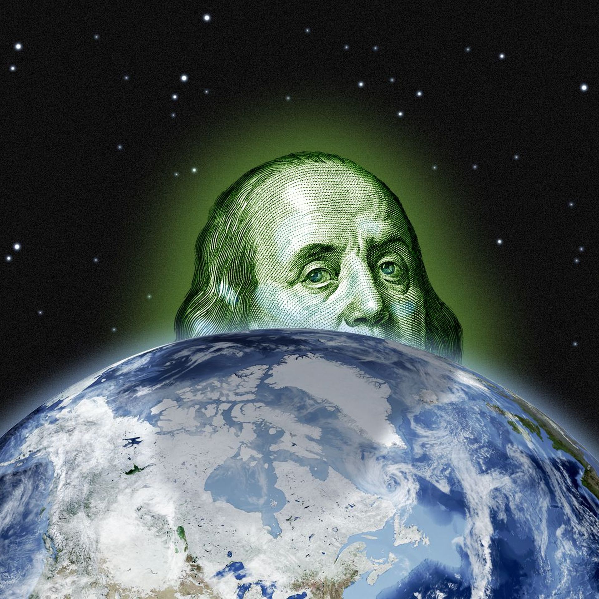 Illustration of a giant Benjamin Franklin peering over the earth