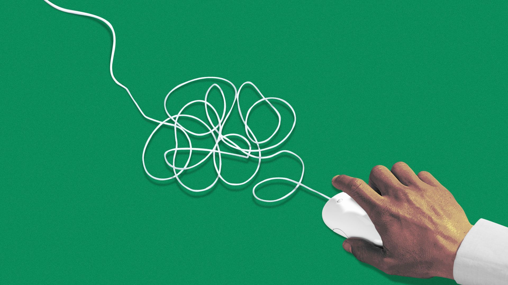 hand with a tangled mouse cord