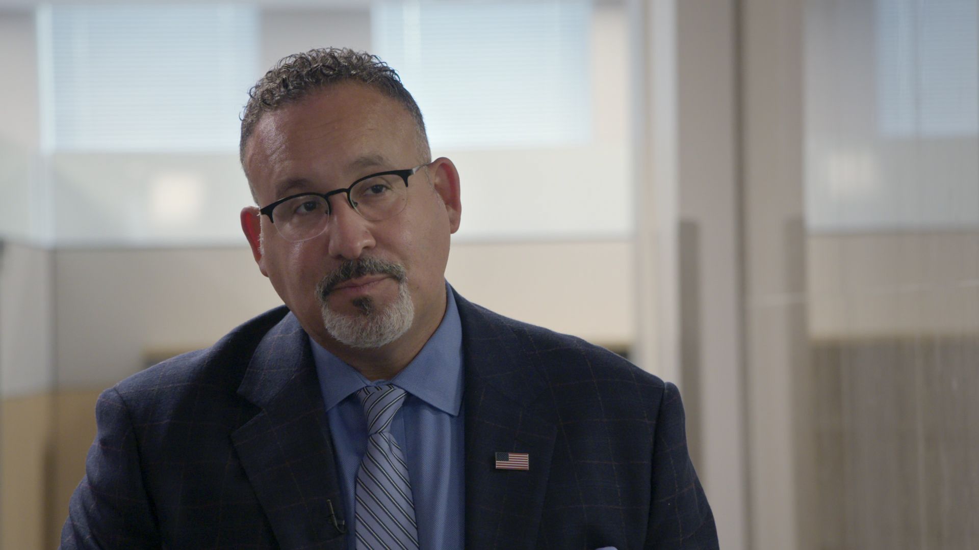Education Secretary Miguel Cardona is seen during an interview with "Axios on HBO."