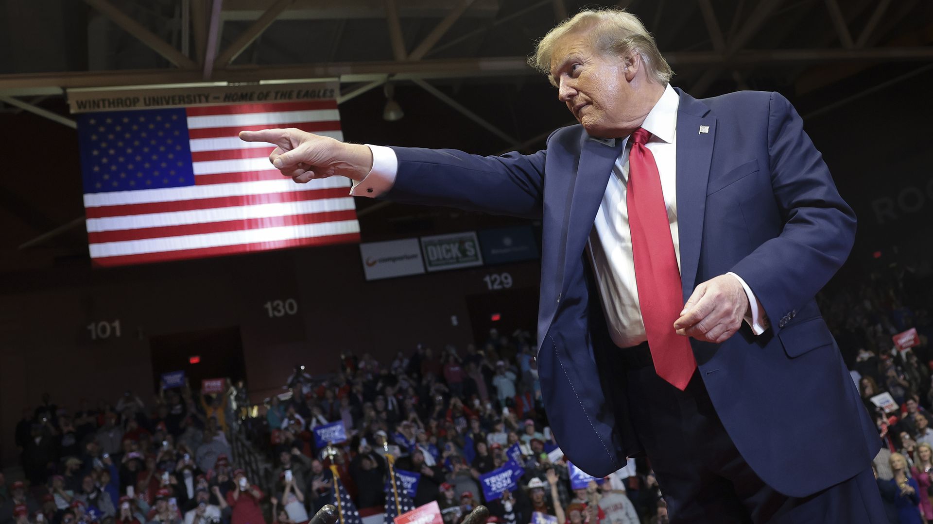 President Donald Trump gestures to supporters after speaking at a Get Out The Vote rally at Winthrop University on February 23, 2024 in Rock Hill, South Carolina