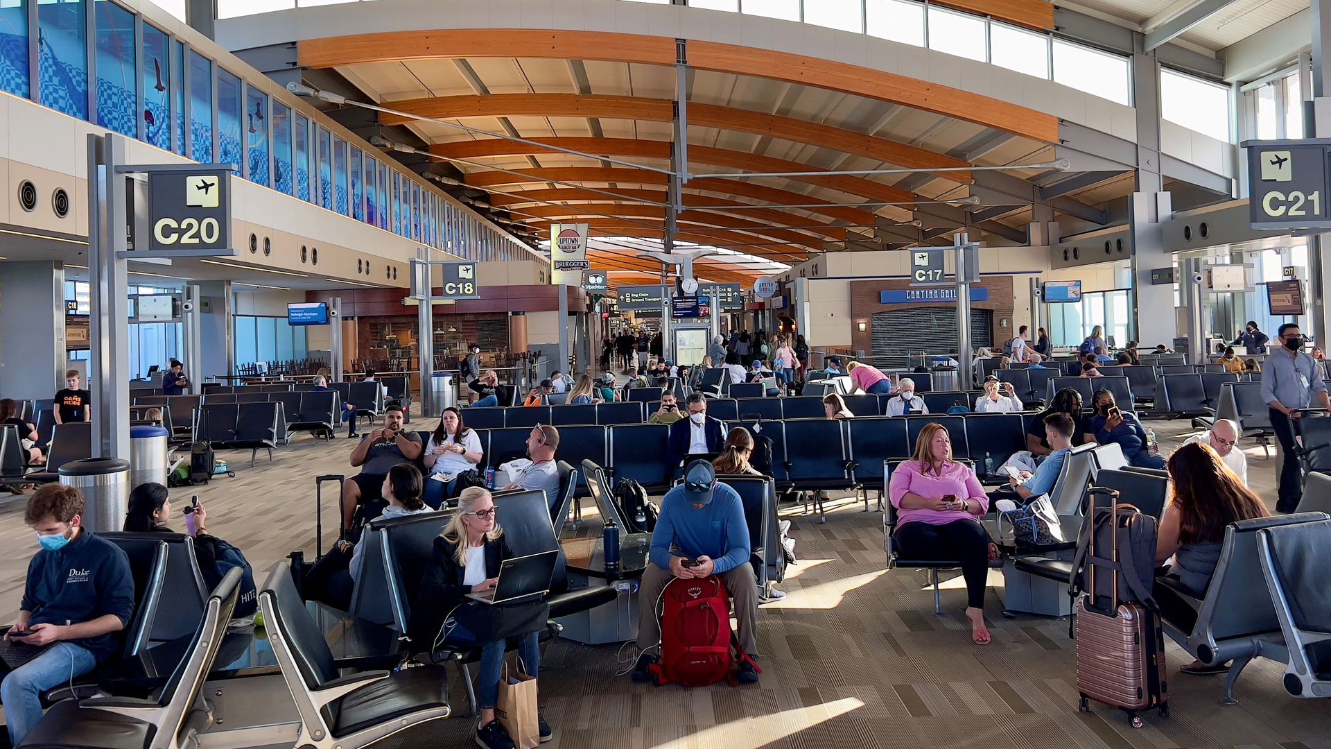 Passengers waiting at Raleigh-Durham International Airport. 