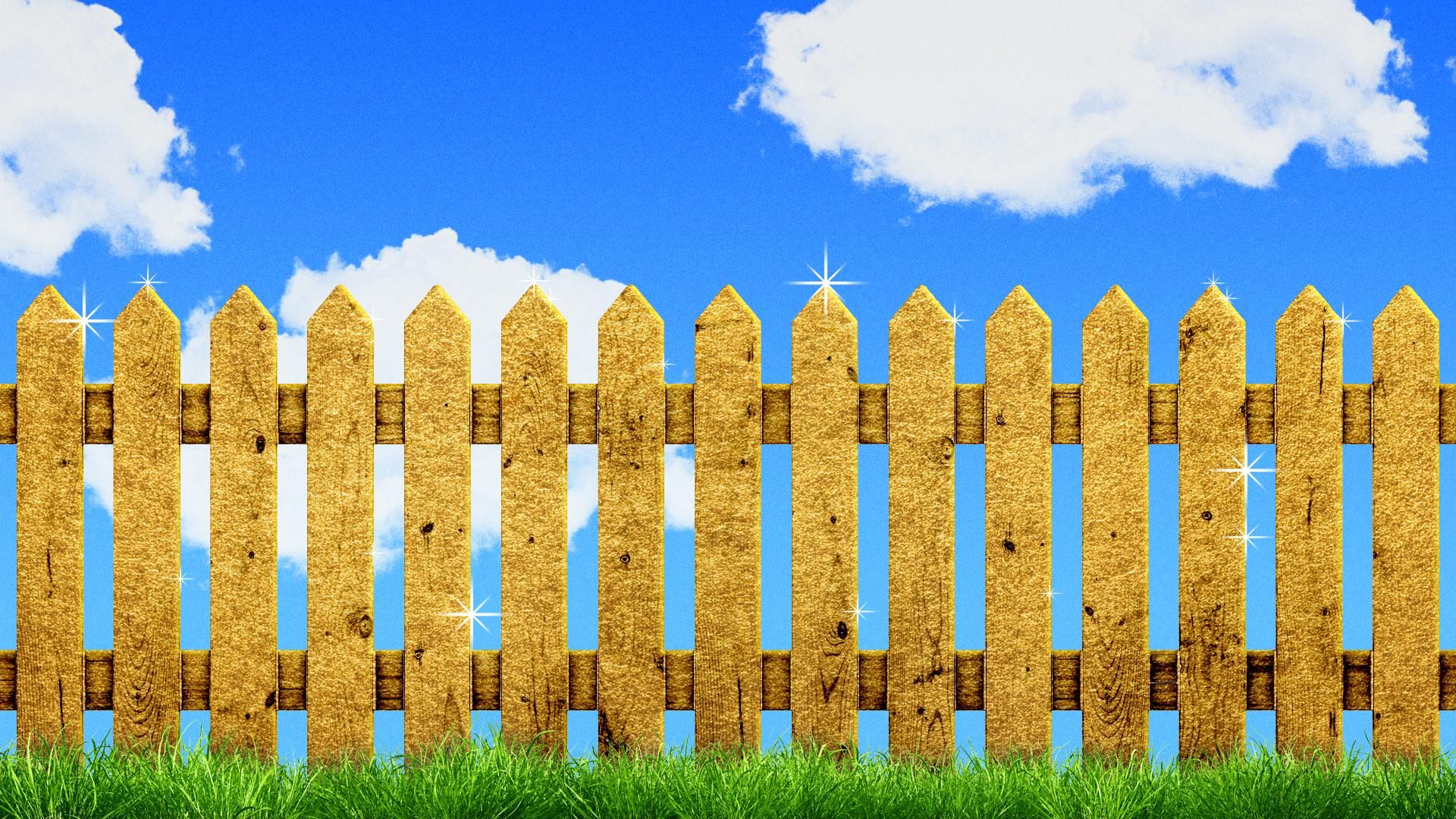 Illustration of a gold picket fence. 