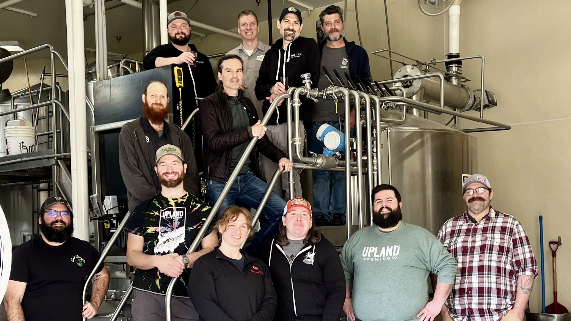 IU professor professor Matt Bochman with brewers from Upland, Bloomington Brewing Company, The Tap, Heartwork Brewing, and Towaki Brewing. Photo: Courtesy of Matt Bochman