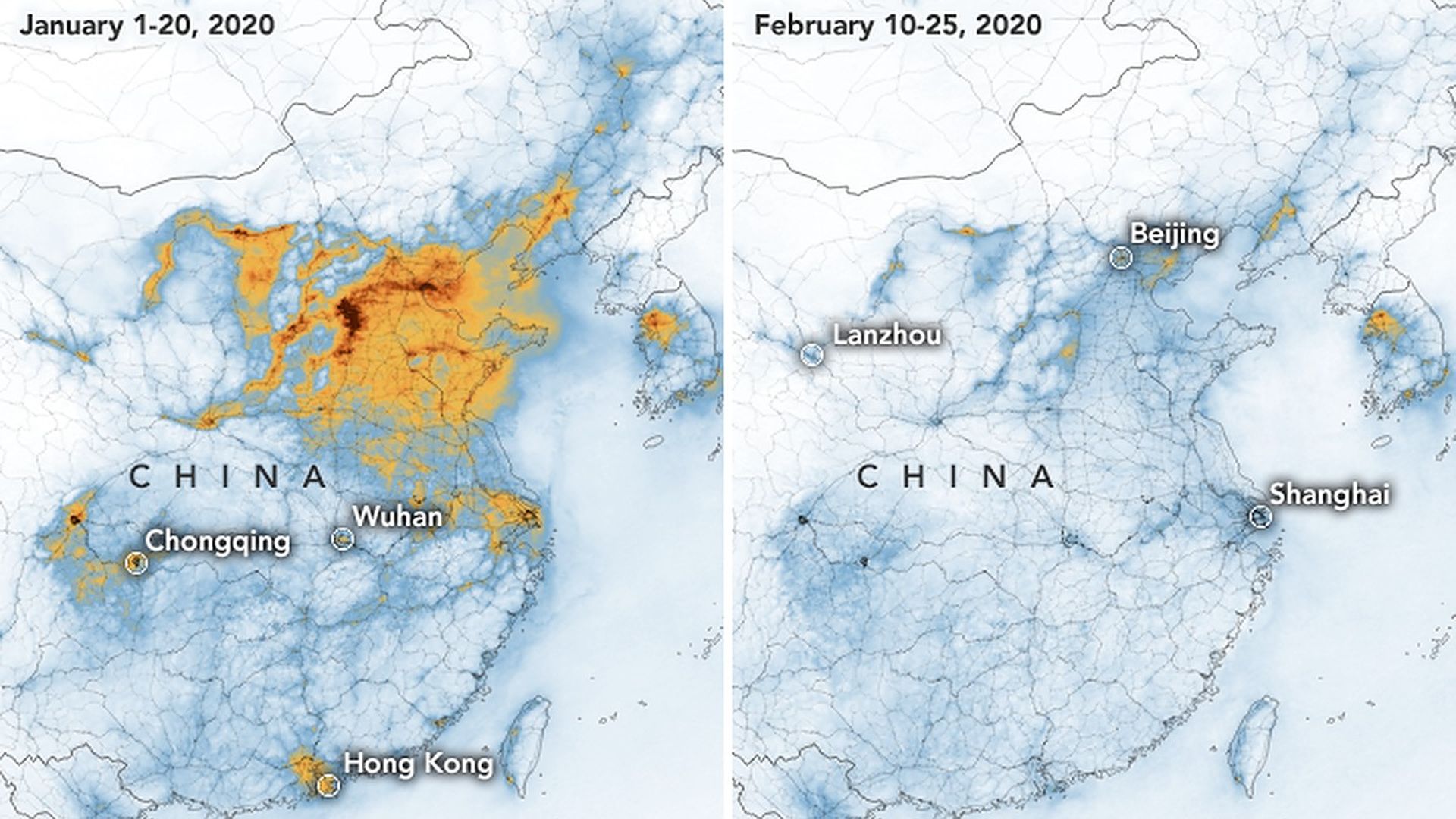 Satellite images showing a dramatic decline in pollution levels over China