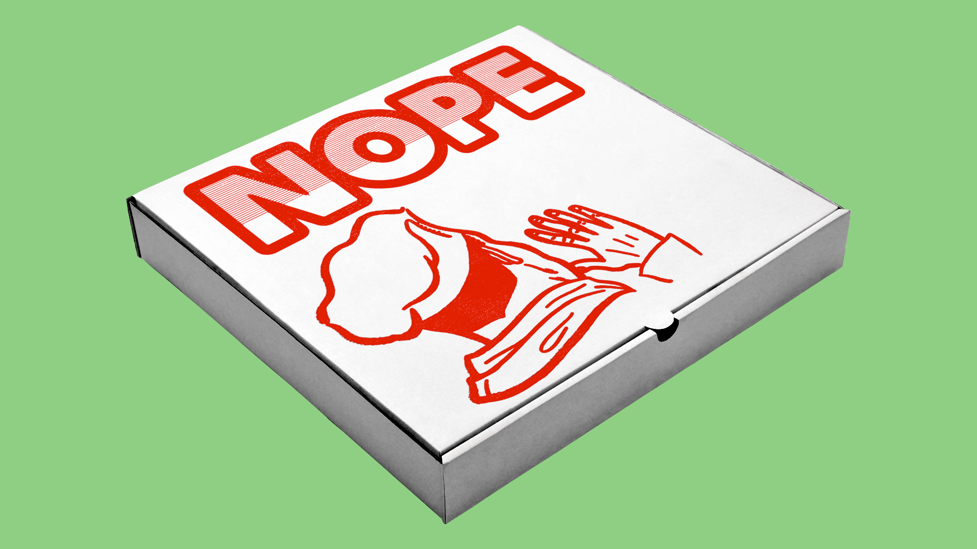 Illustration of a pizza box, with the chef having his back turned, and waving his hand.