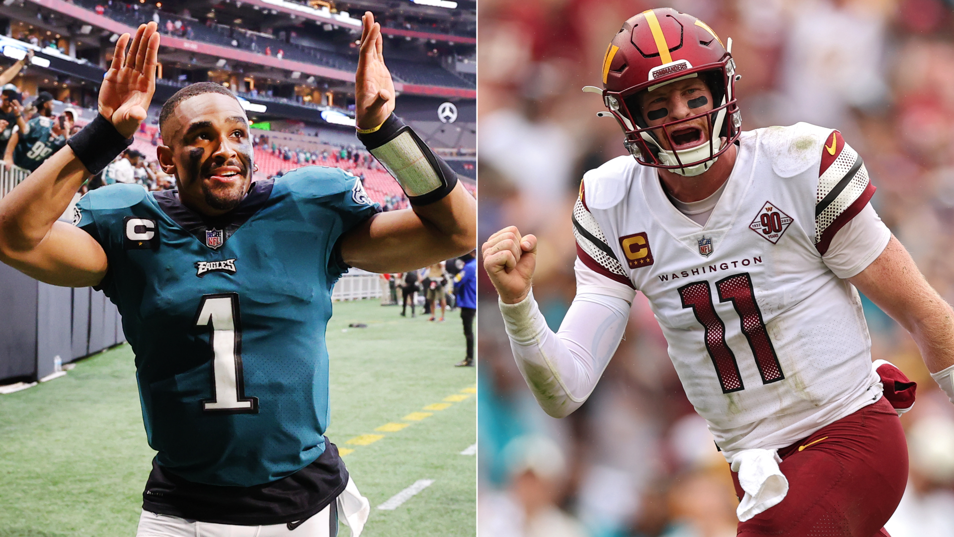 Eagles quarterback Jalen Hurts and Washington quarterback Carson Wentz.