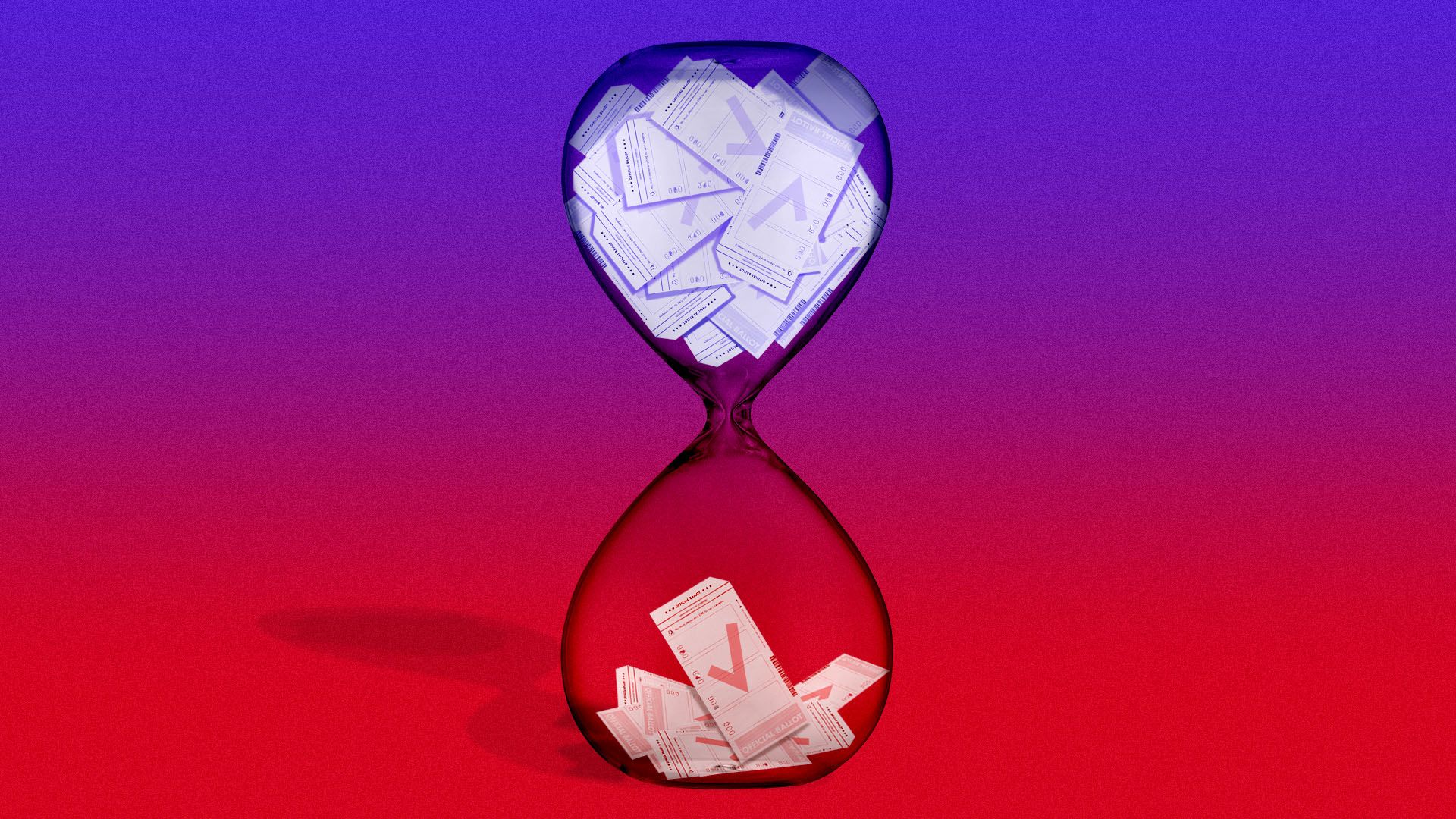 Illustrations of ballots in an hourglass, with a small amount of red ones in the bottom and many more blue ones above