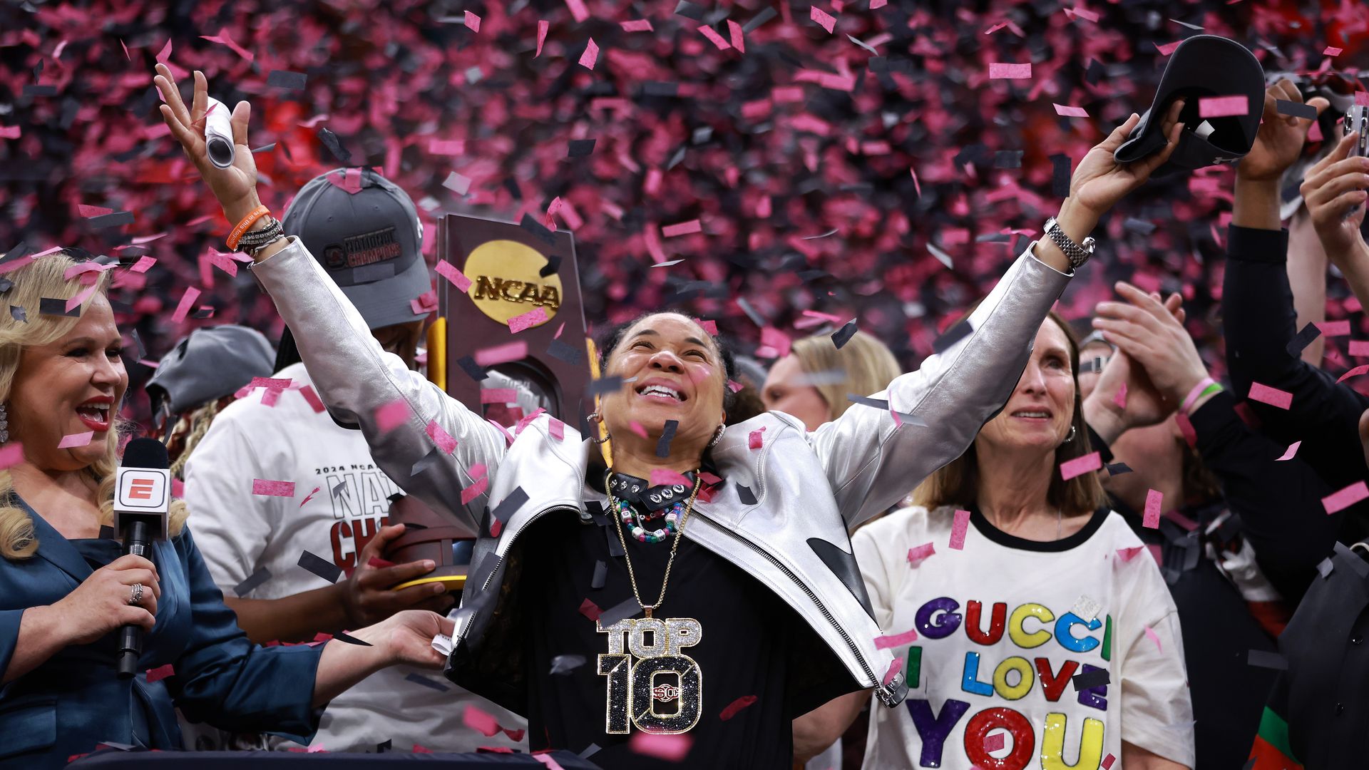 Head coach Dawn Staley of the South Carolina Gamecocks celebrates after beating the Iowa Hawkeyes