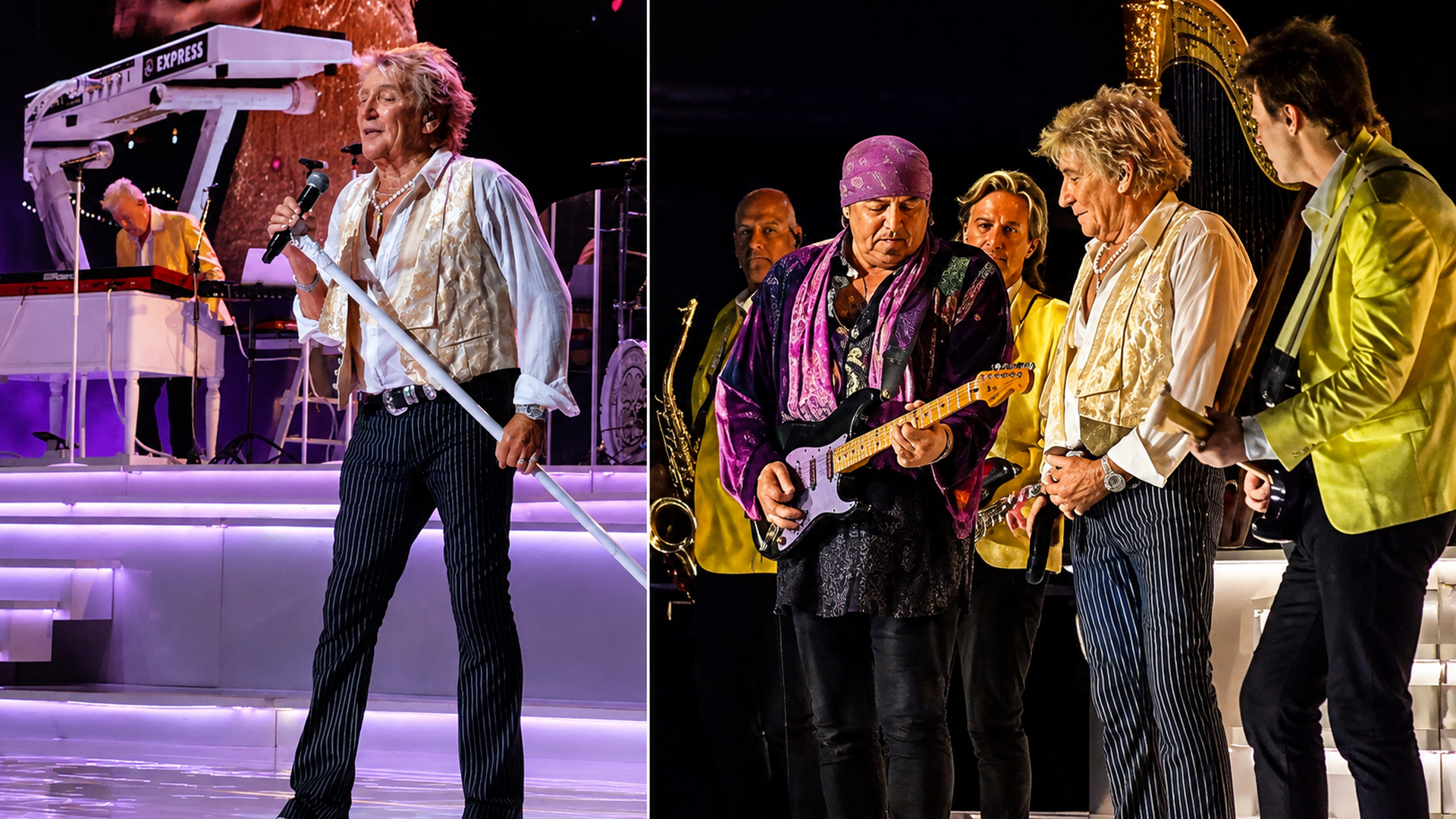 Several musicians cluster together onstage during a performance.