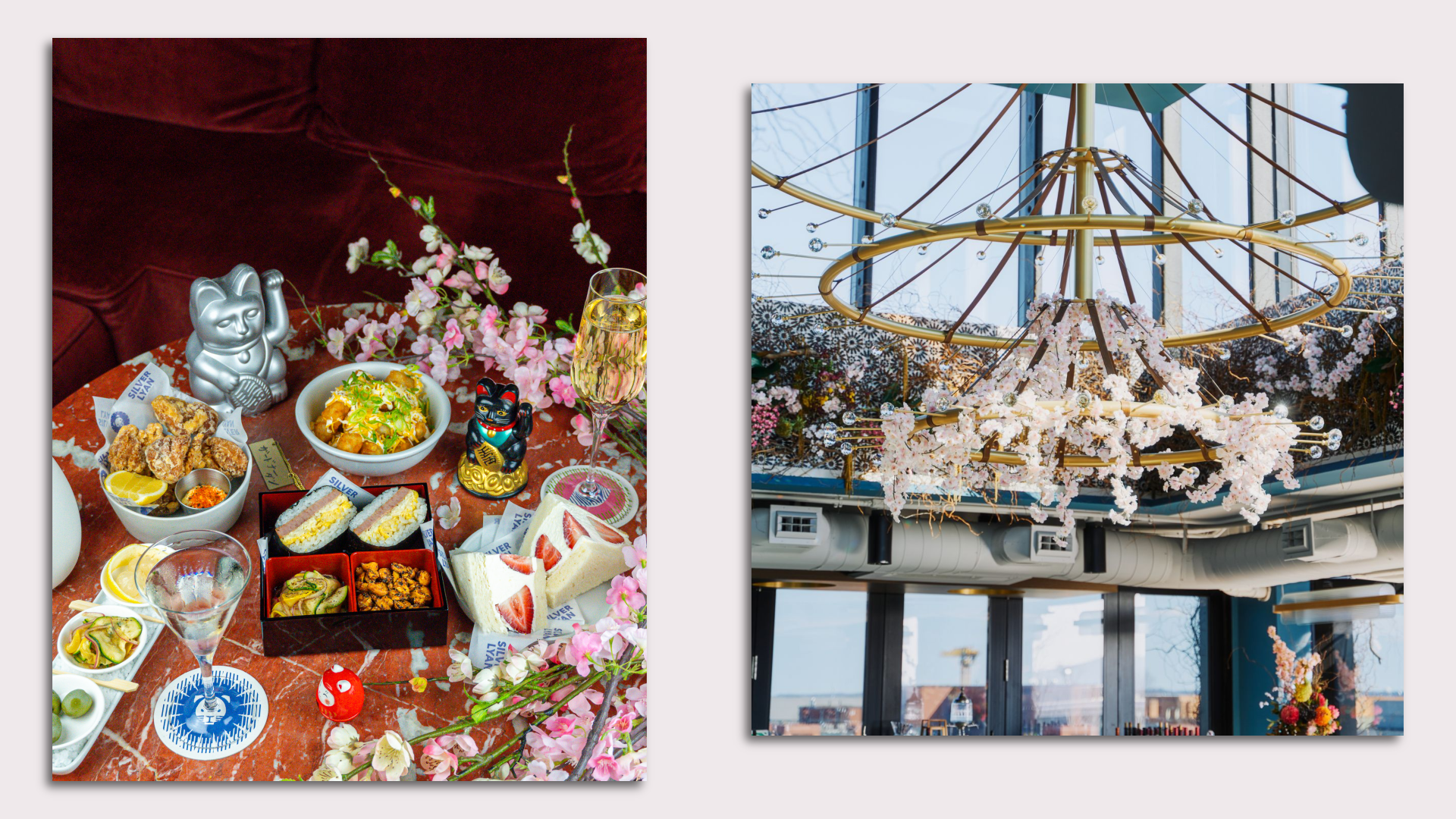 A table set with Japanese food and drink (left) and a cherry blossom chandelier (right)