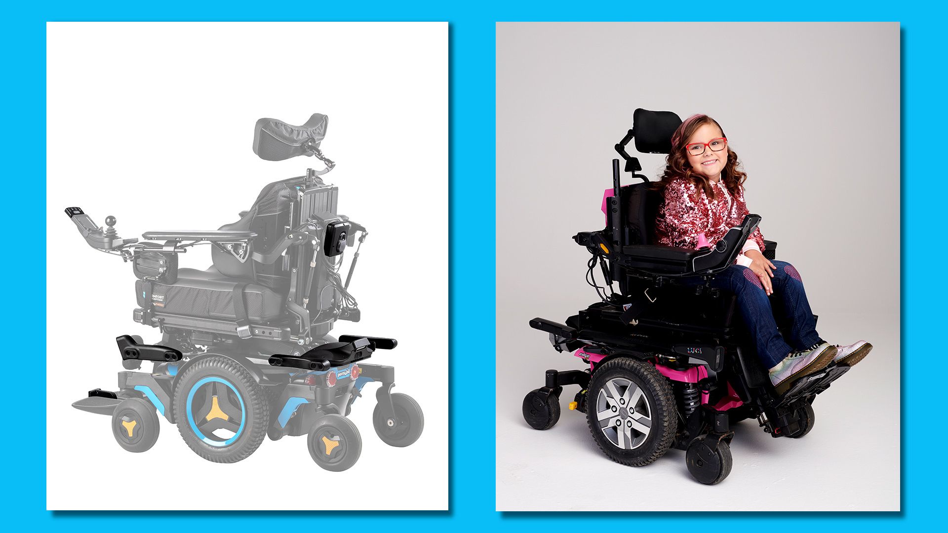 Image of a young girl in a motorized wheelchair equipped with LUCI's smart frame that adds sensors and other smart tech