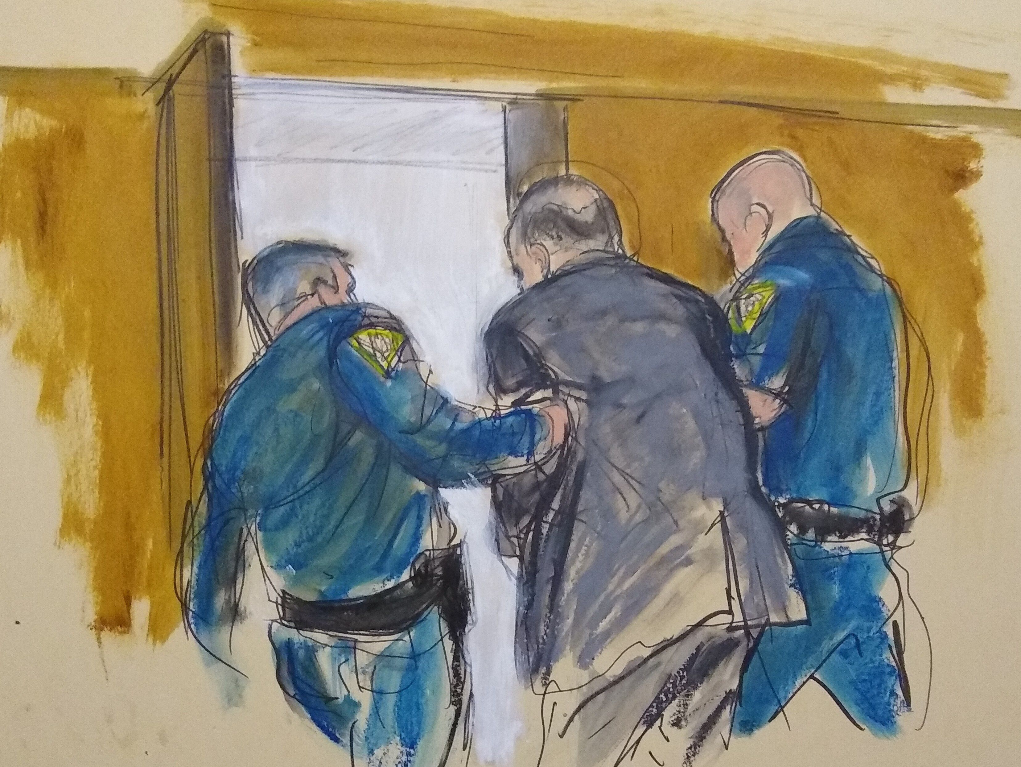 Illustration of Harvey Weinstein being carried out in handcuffs