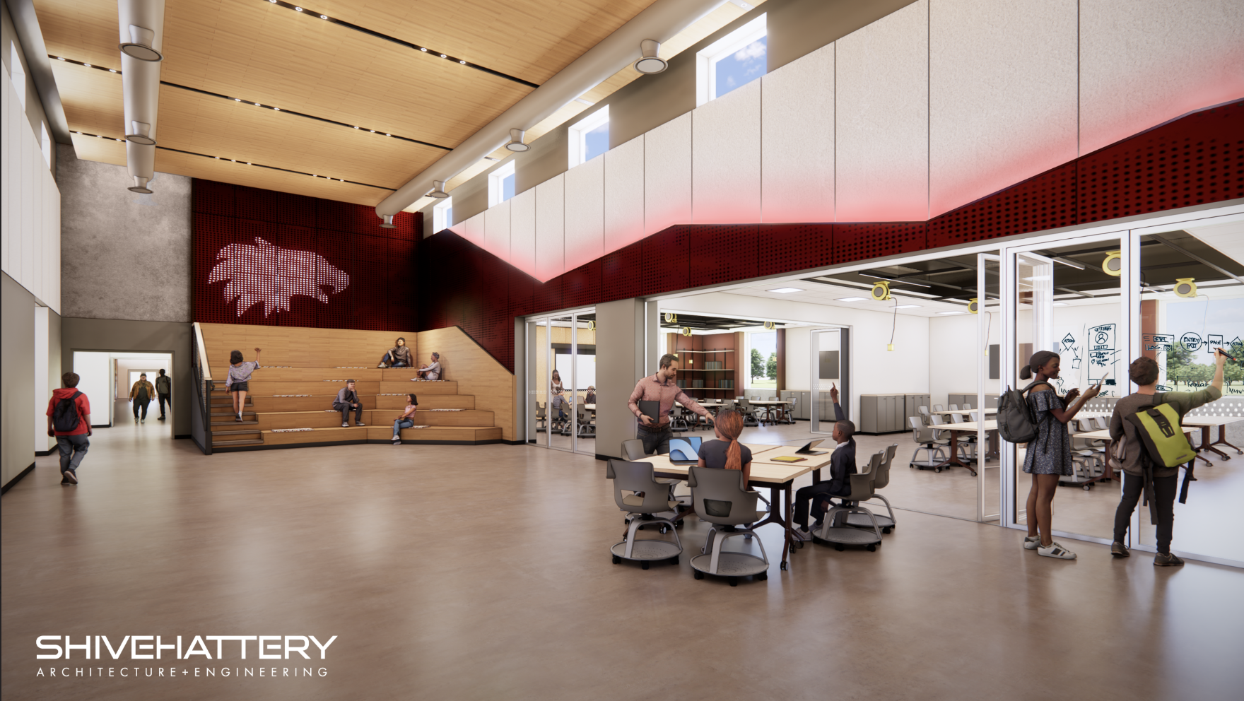 Modern school common area with wood and red design, built-in wooden seating steps, students studying and collaborating, large windows, and glass classroom walls with whiteboard drawings.