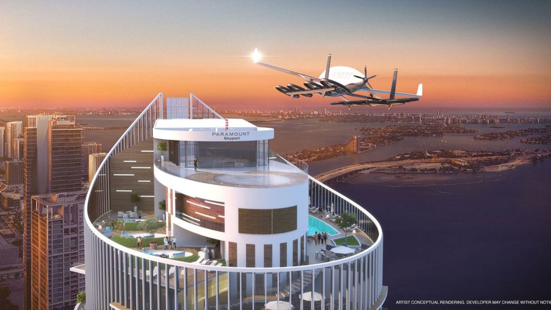 Rendering of flying car skyport atop the Paramount Miami Worldcenter. Illustration: World Satellite Television News/Paramount Miami Worldcenter