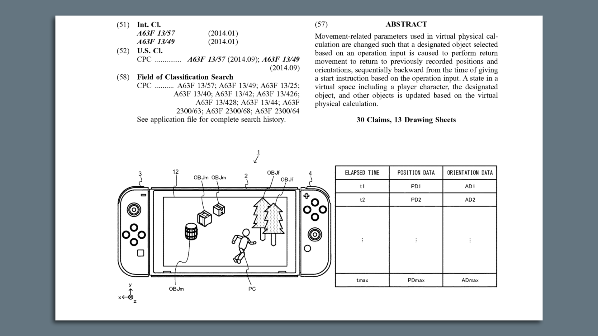 Screenshot of a patent application that shows a character running near a barrel on a Nintendo Switch. A text description describes a patent for the reversal of an in-game object's movement