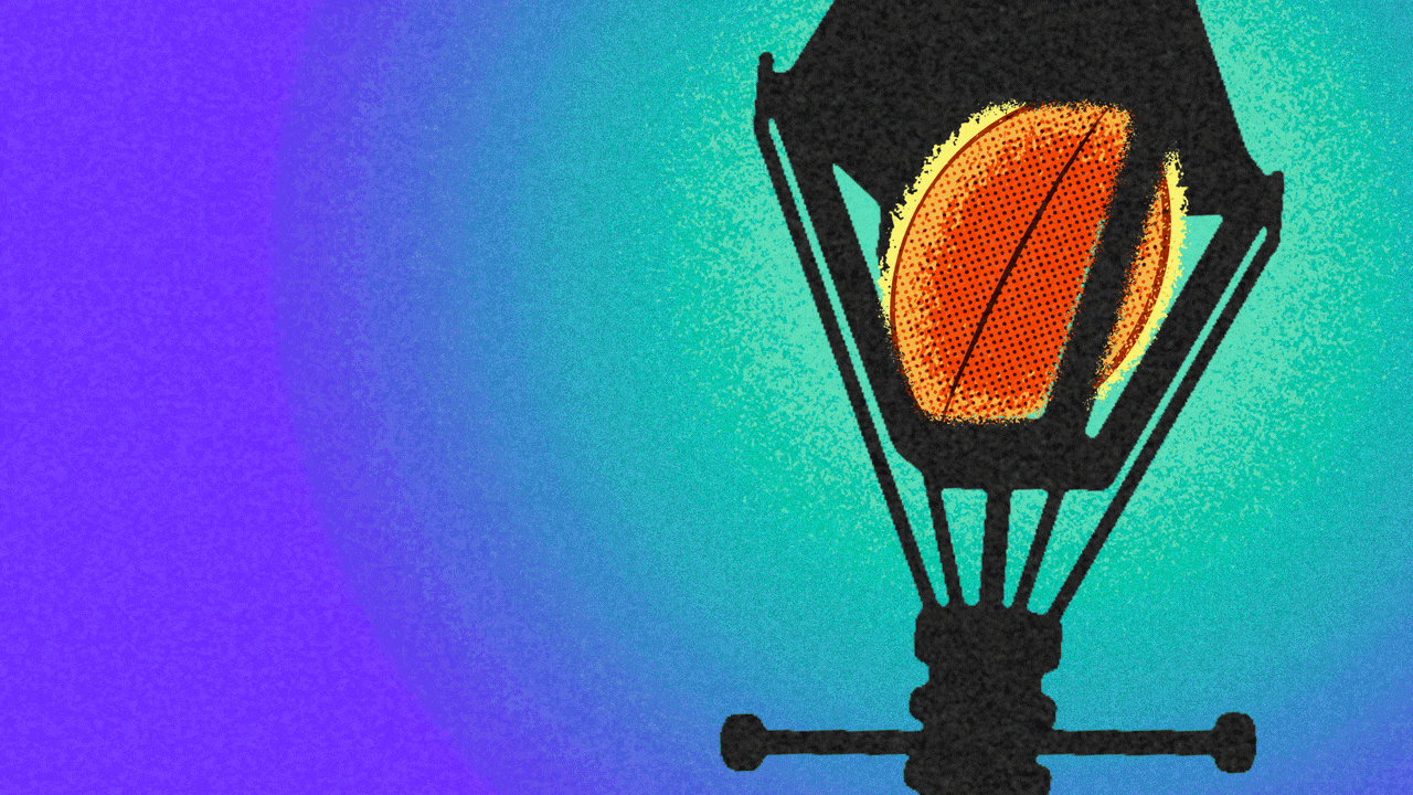 Animated illustration of a street lamp with a glowing, spinning football instead of a light.