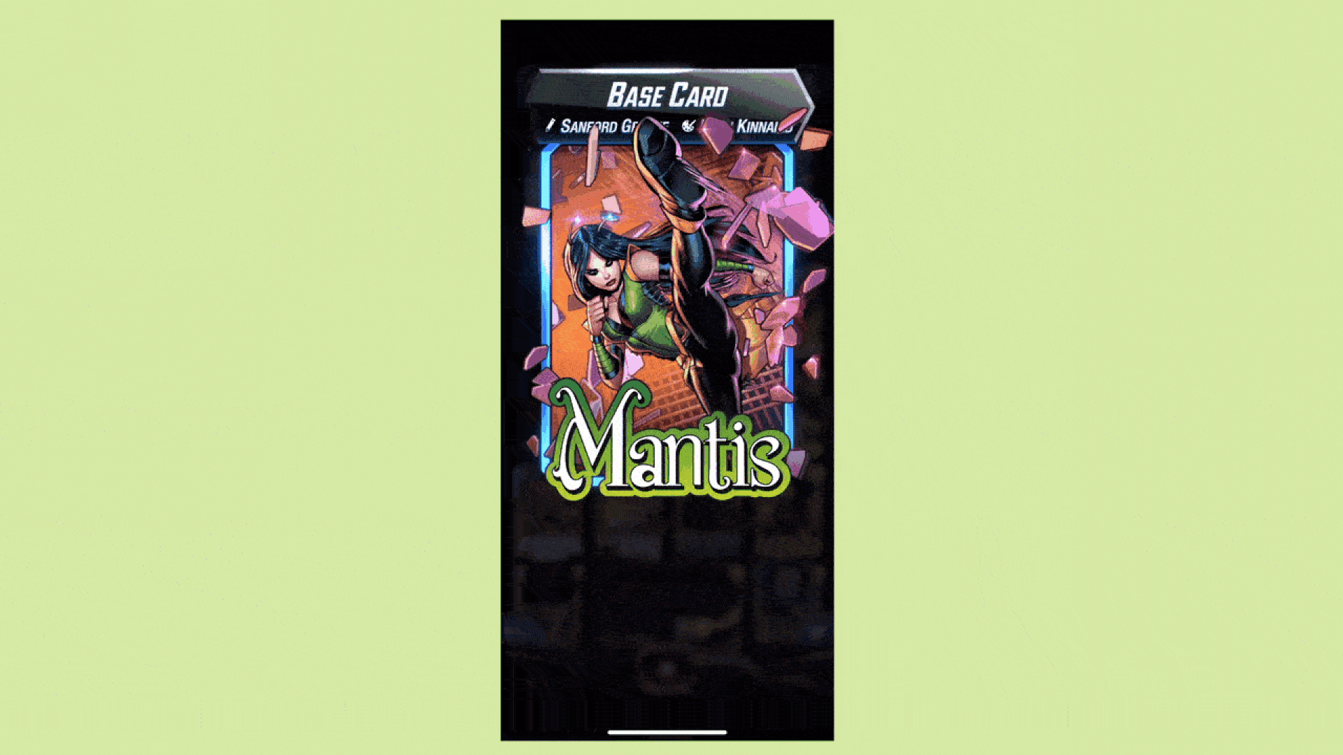 Animated GIF showing a virtual trading card for a Marvel comics character, with their extended foot obscuring the card's artist credits